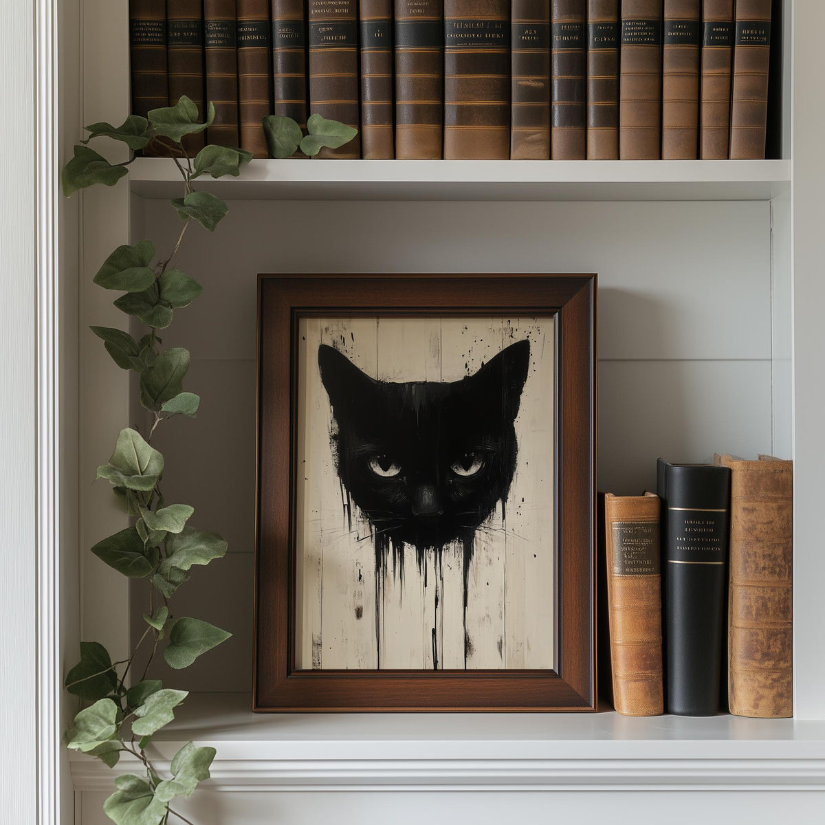 Dripping Black Cat Halloween art print shown in a room setting