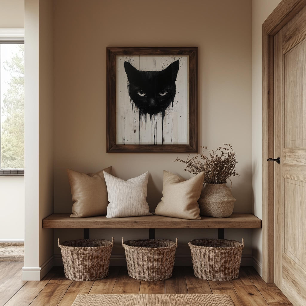 Dripping Black Cat Halloween art print shown in a room setting