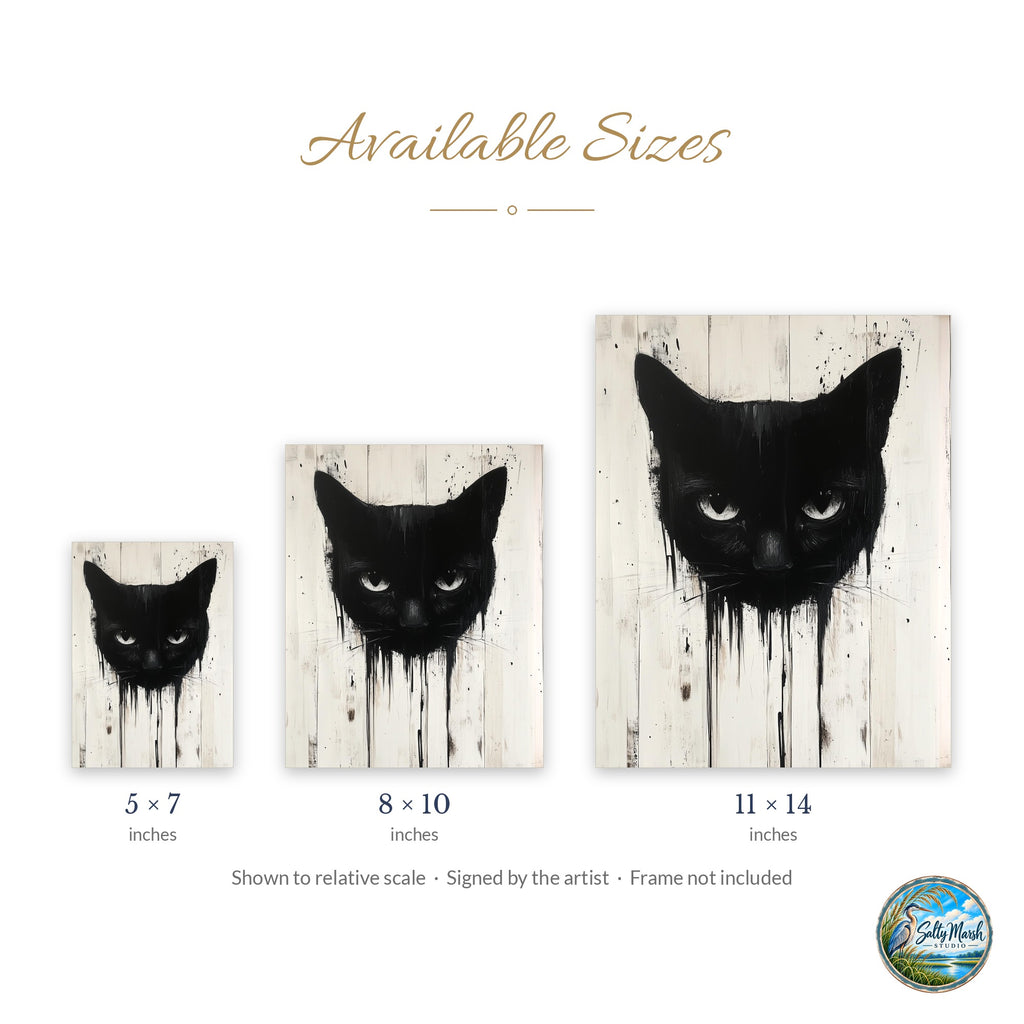 Dripping Black Cat art print size guide: 5x7, 8x10 and 11x14