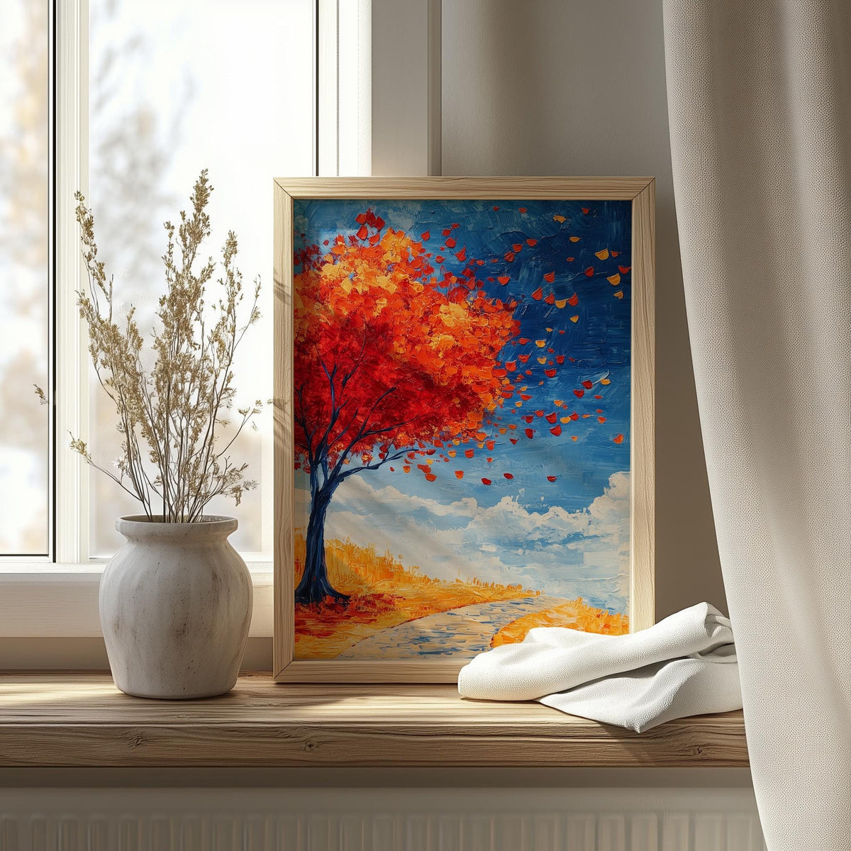 Red Autumn Tree fall art print shown in a room setting