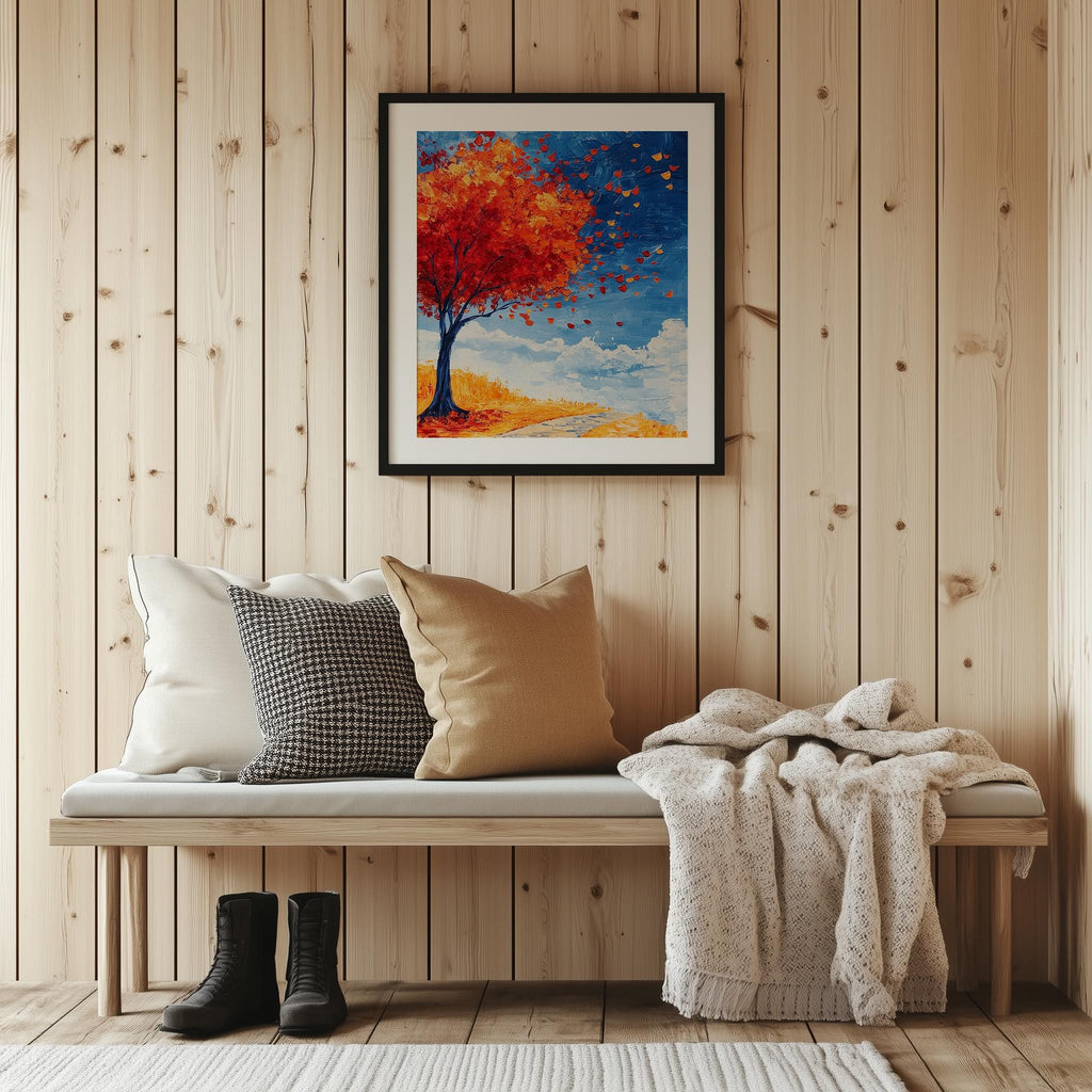 Red Autumn Tree fall art print shown in a room setting