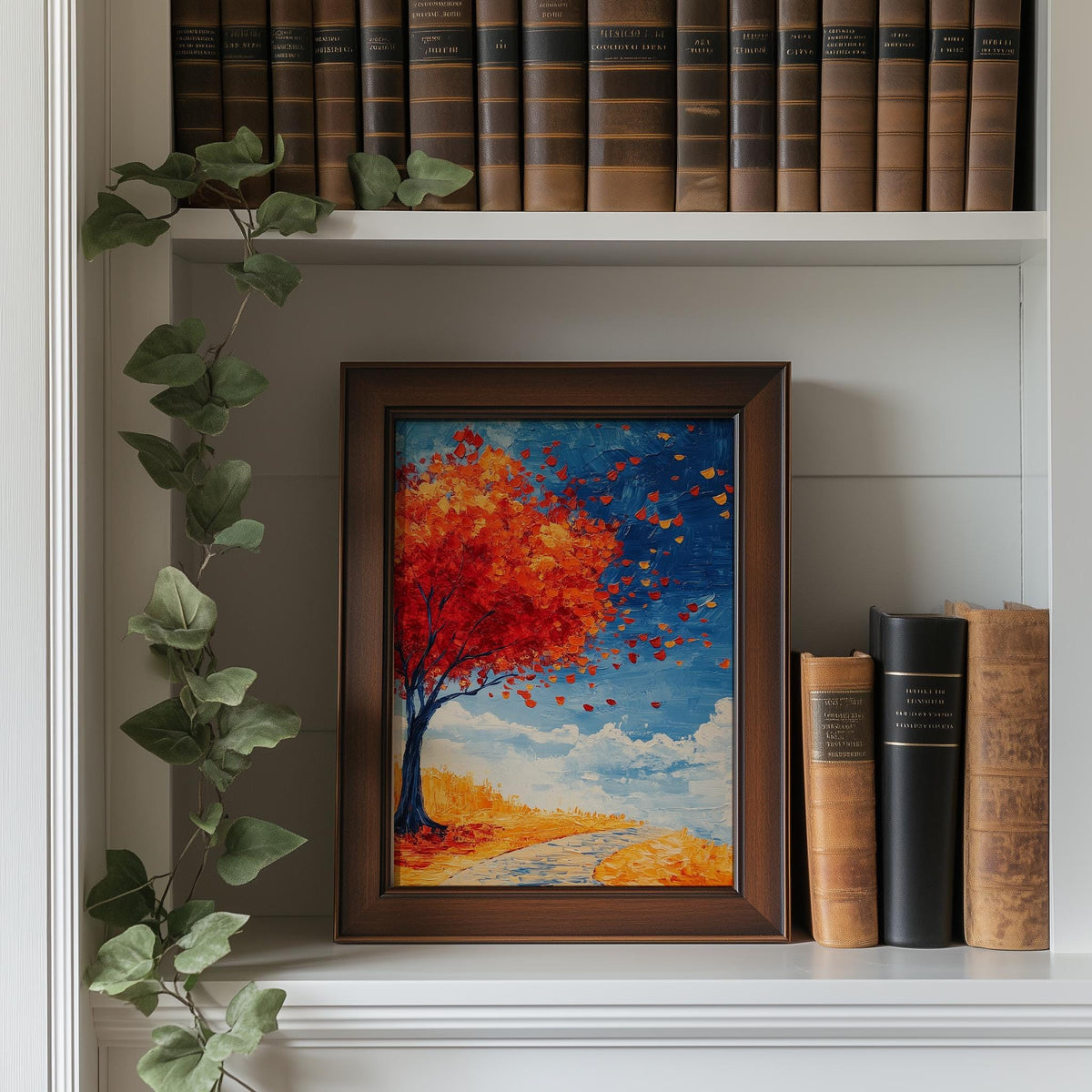 Red Autumn Tree fall art print shown in a room setting