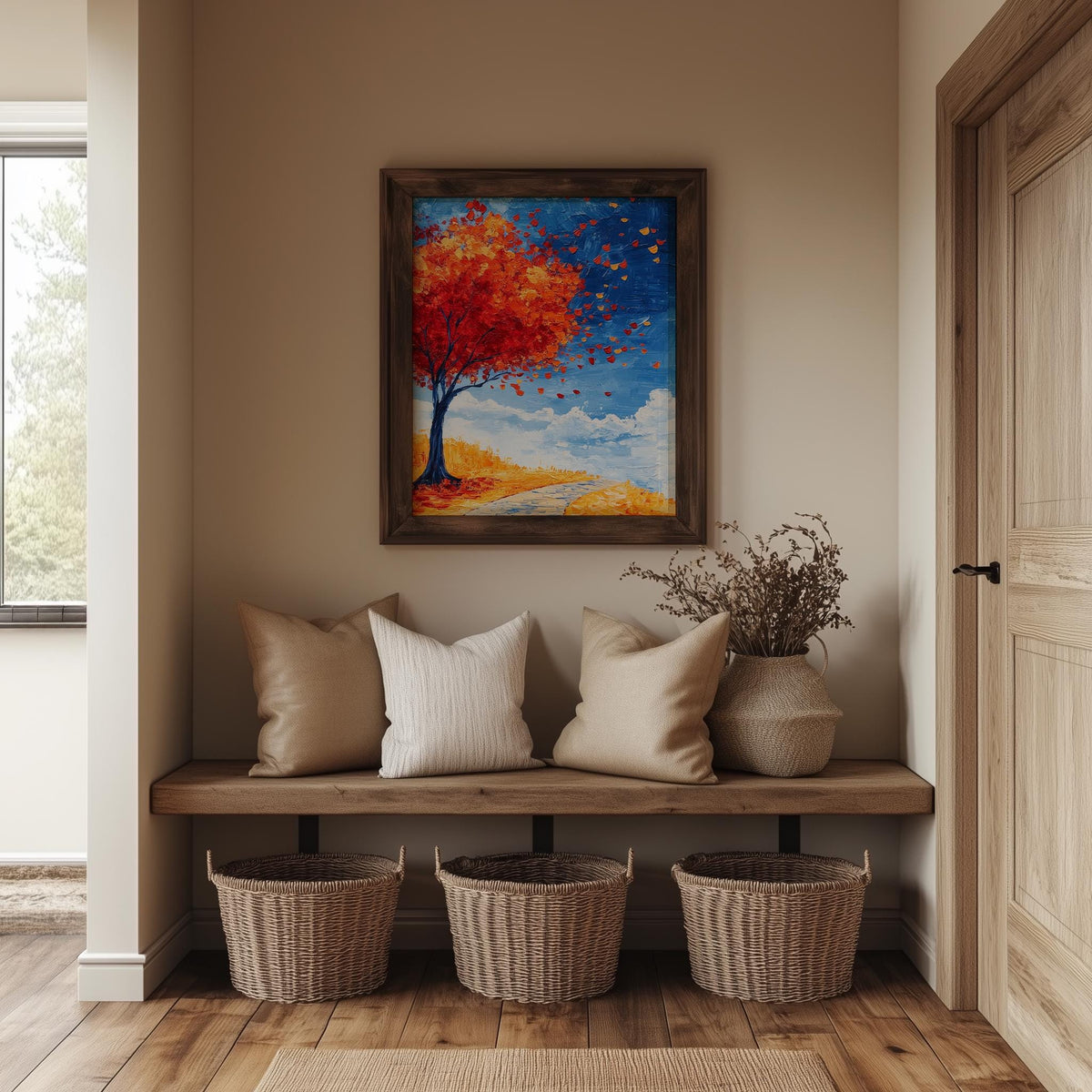 Red Autumn Tree fall art print shown in a room setting