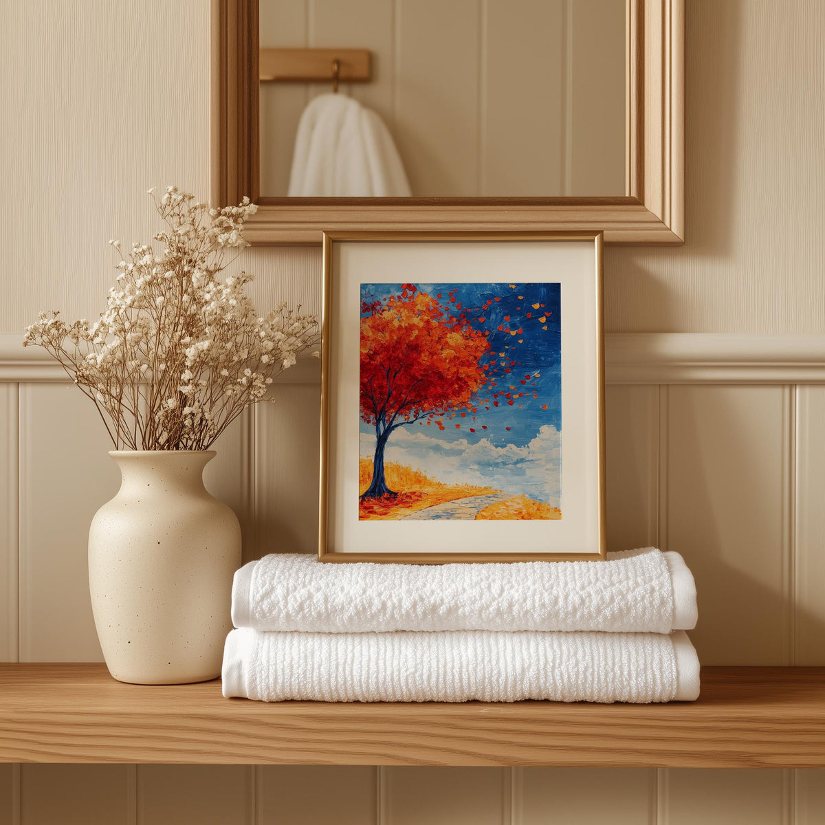 Red Autumn Tree fall art print shown in a room setting