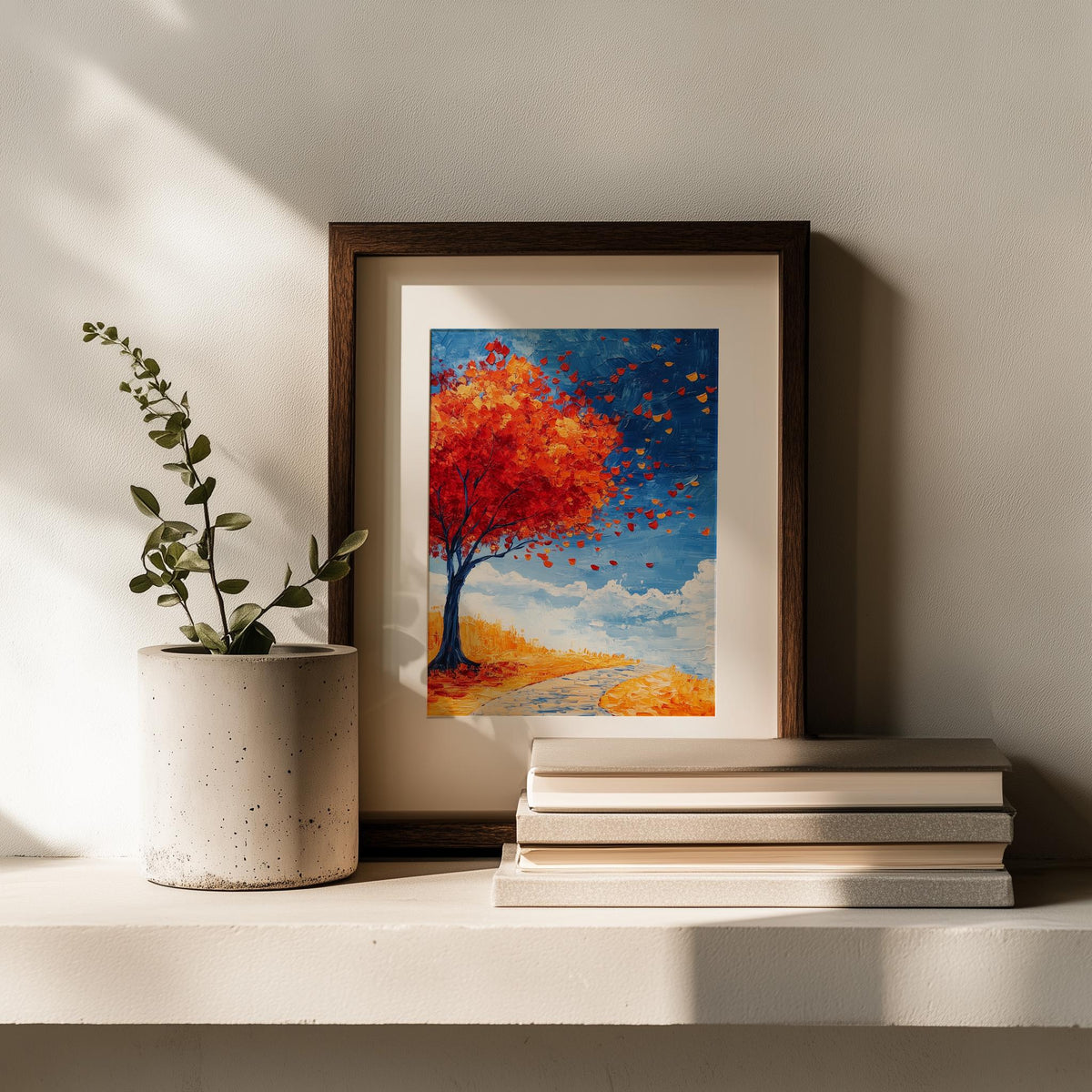 Red Autumn Tree fall art print shown in a room setting