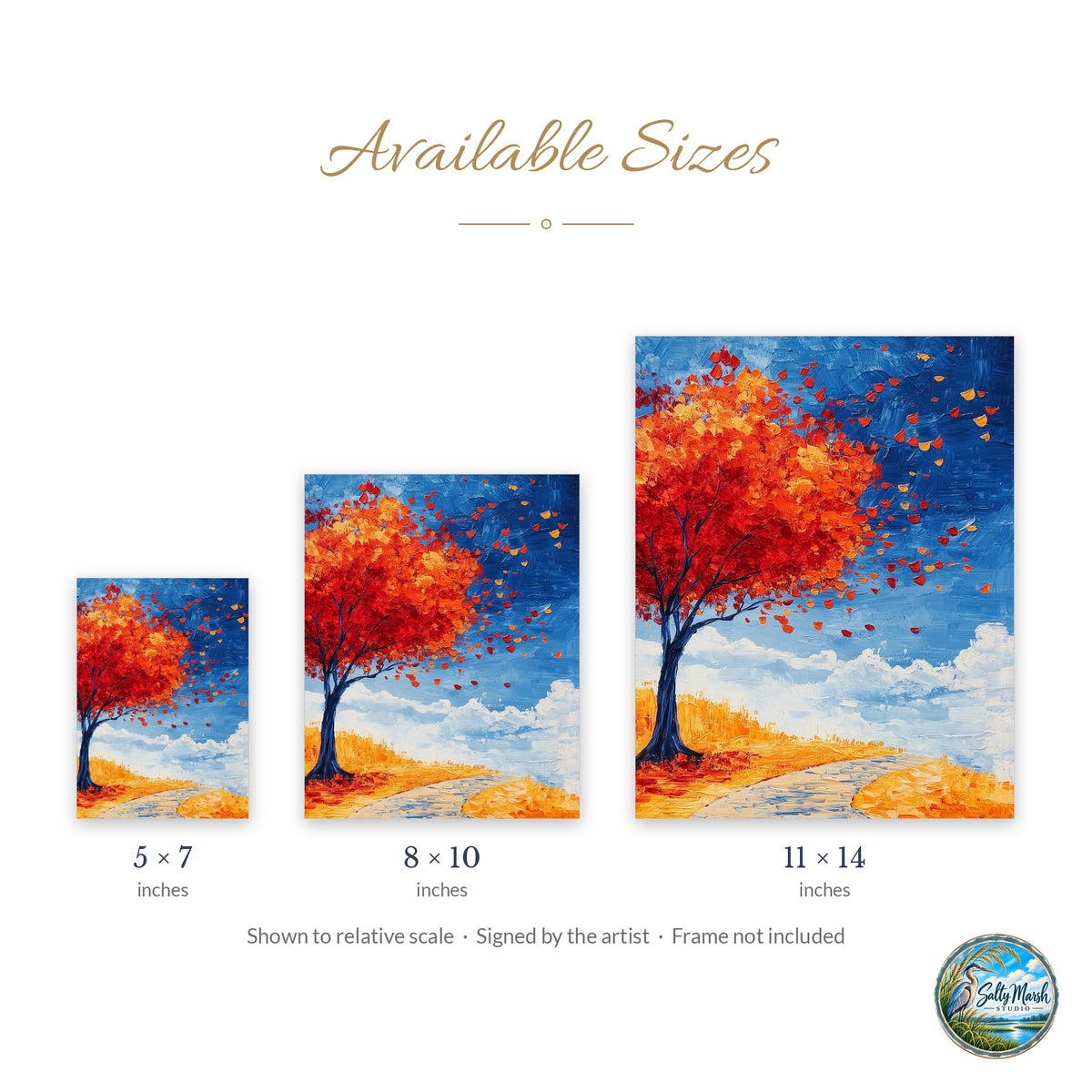 Red Autumn Tree art print size guide: 5x7, 8x10 and 11x14