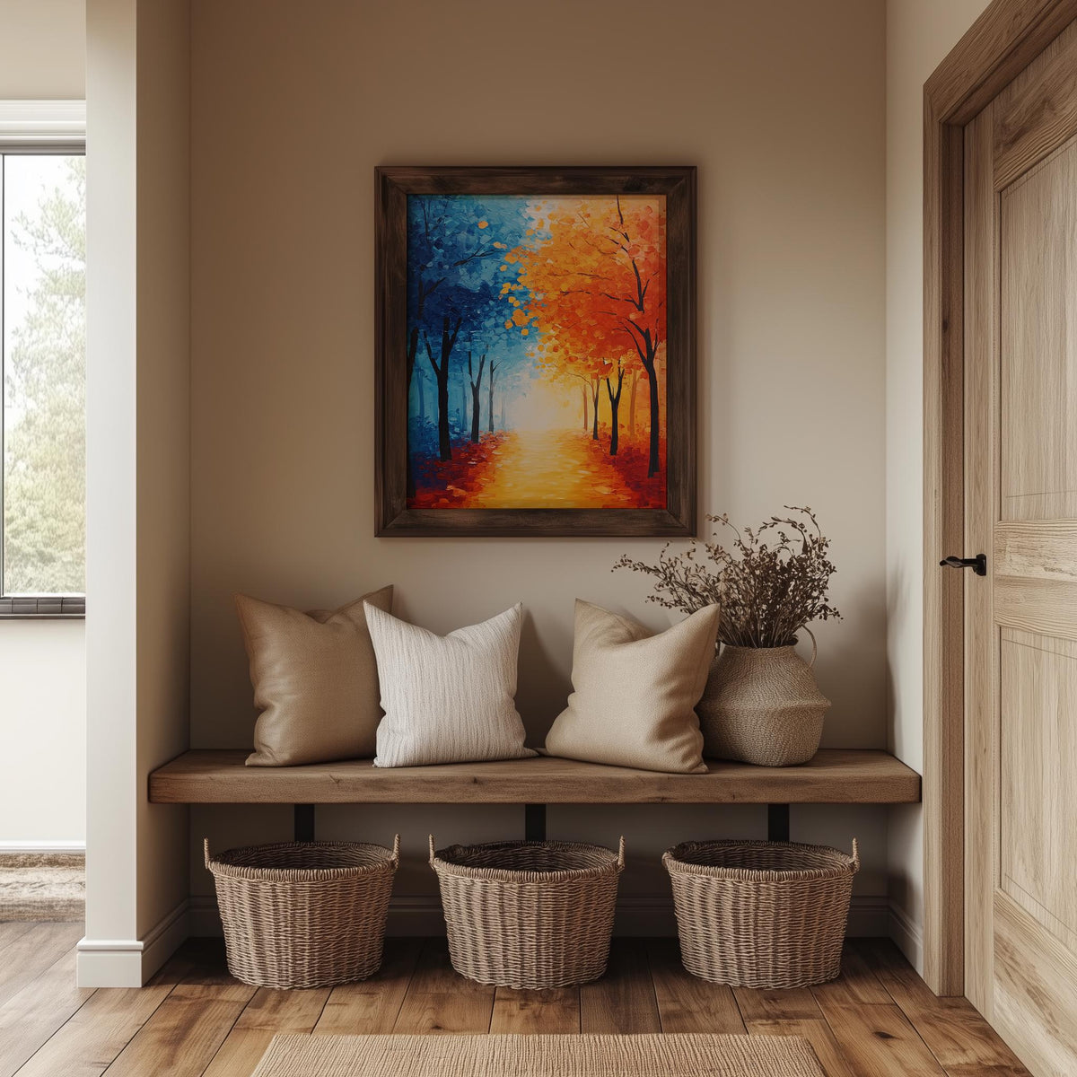 Bold Fall Tree Path fall art print shown in a room setting
