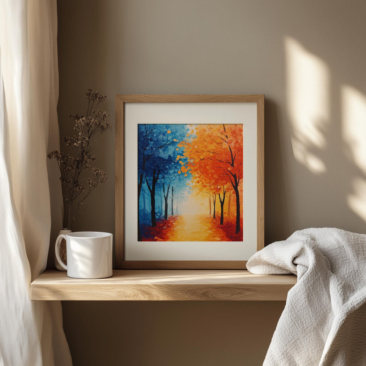 Bold Fall Tree Path fall art print shown in a room setting