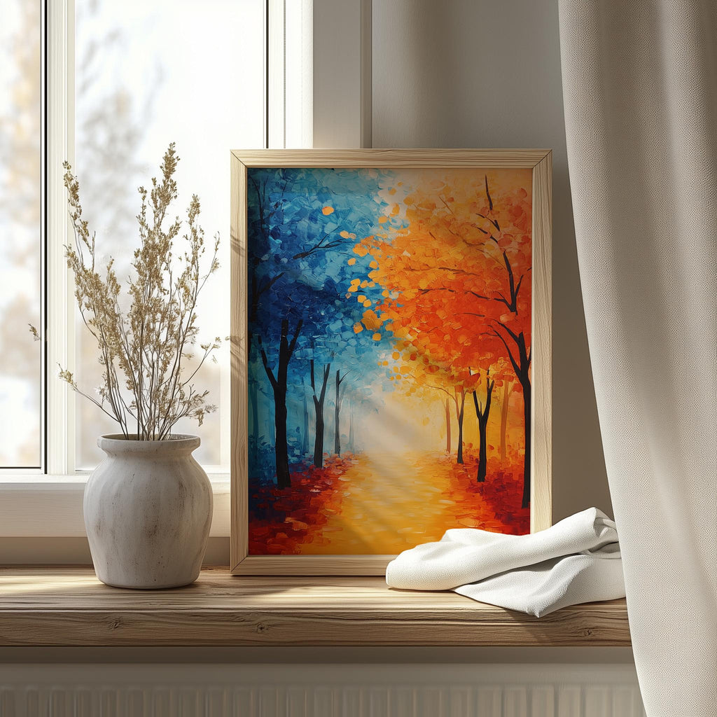 Bold Fall Tree Path fall art print shown in a room setting