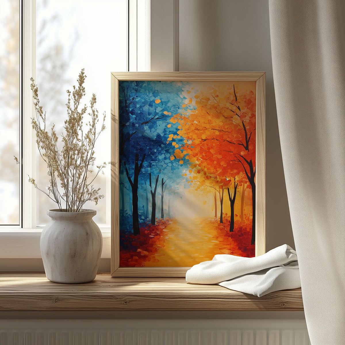 Bold Fall Tree Path fall art print shown in a room setting
