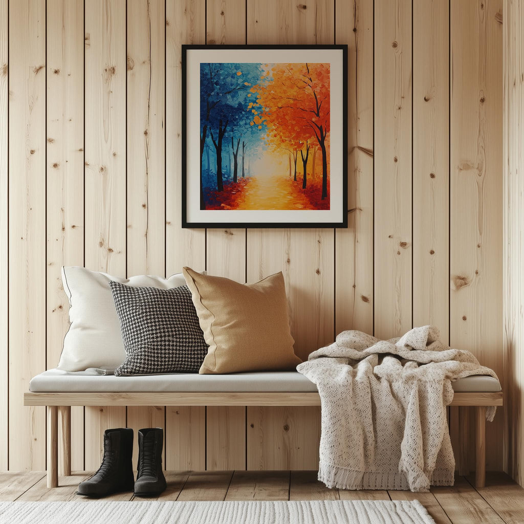 Bold Fall Tree Path fall art print shown in a room setting