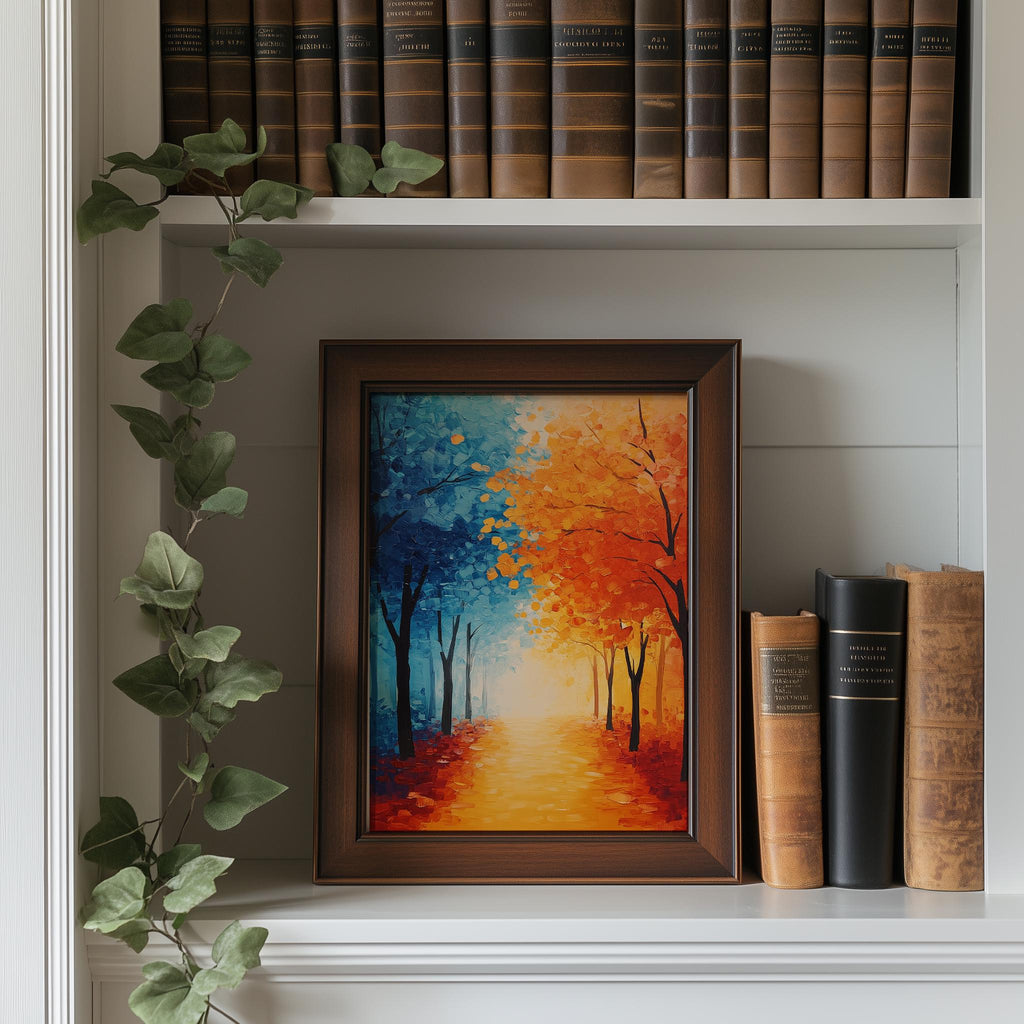 Bold Fall Tree Path fall art print shown in a room setting