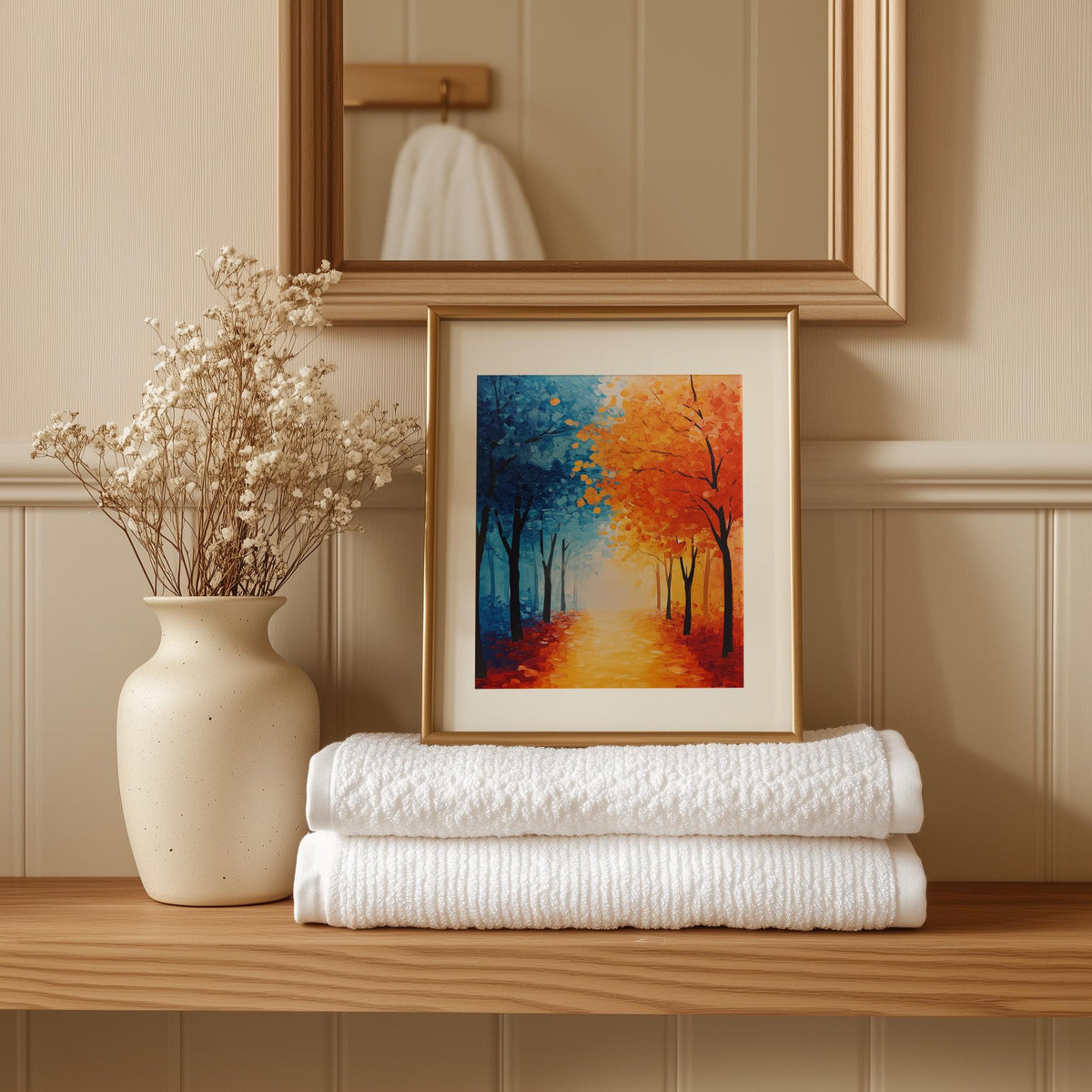 Bold Fall Tree Path fall art print shown in a room setting