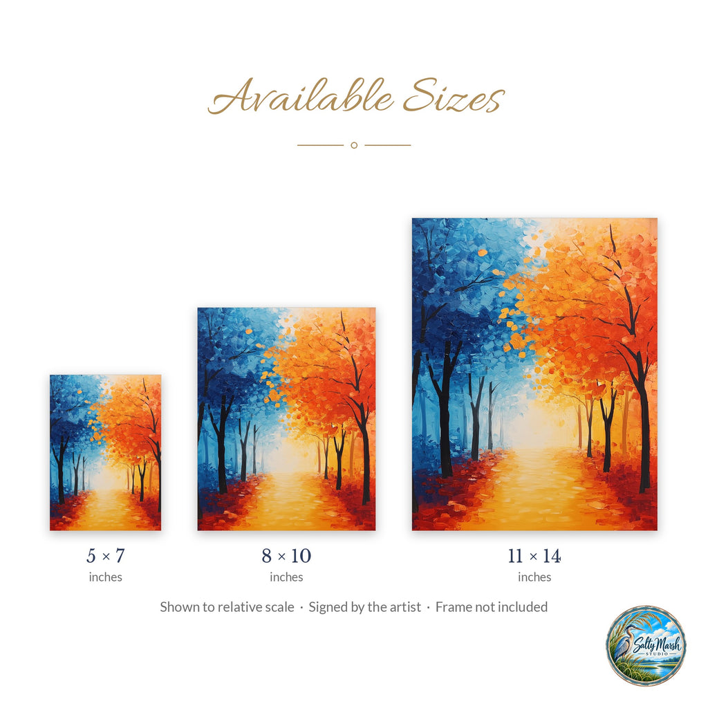 Bold Fall Tree Path art print size guide: 5x7, 8x10 and 11x14