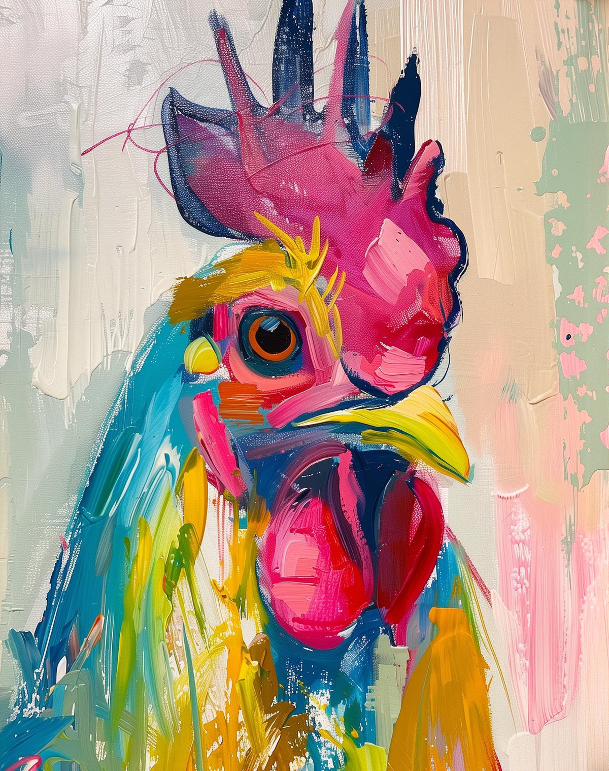 Whimsical Rooster animal art print unframed, signed by Pattie Overcash