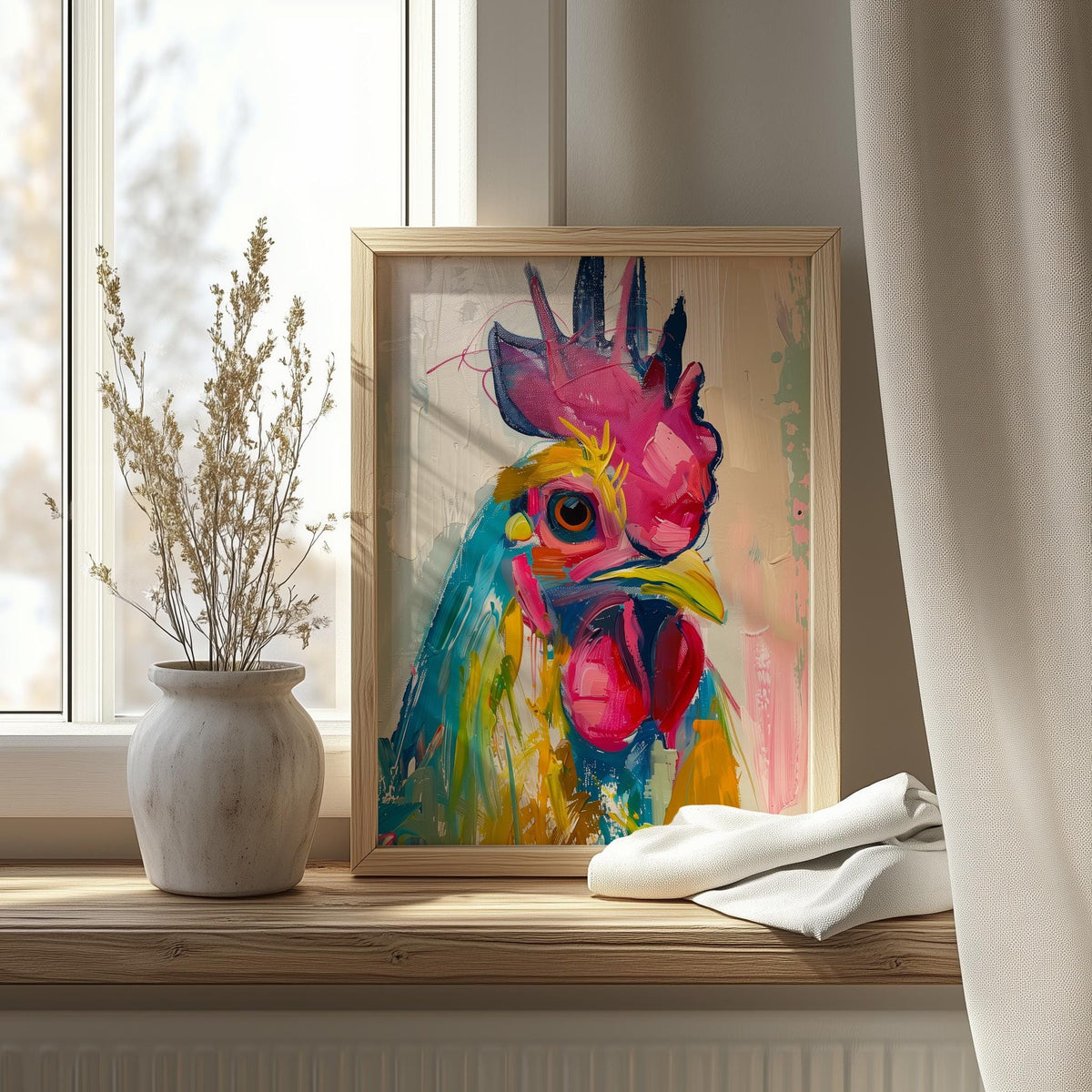 Whimsical Rooster animal art print shown in a room setting