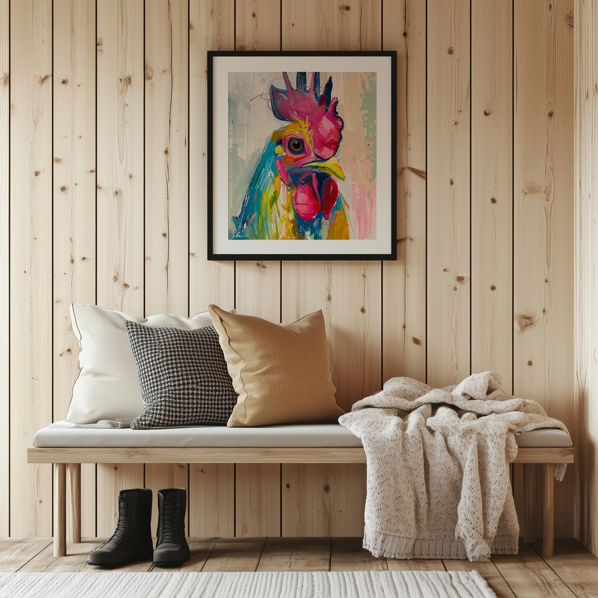 Whimsical Rooster animal art print shown in a room setting