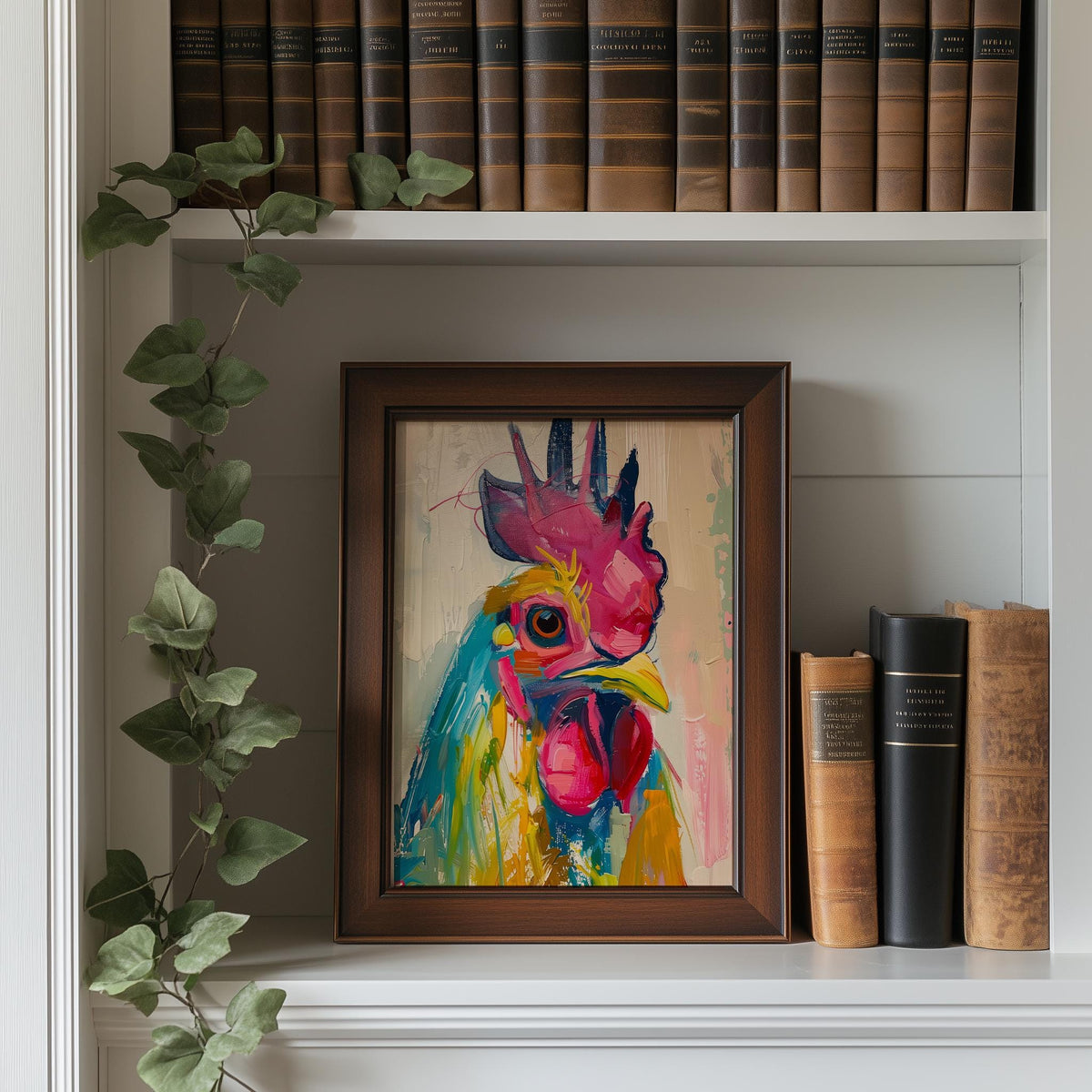 Whimsical Rooster animal art print shown in a room setting