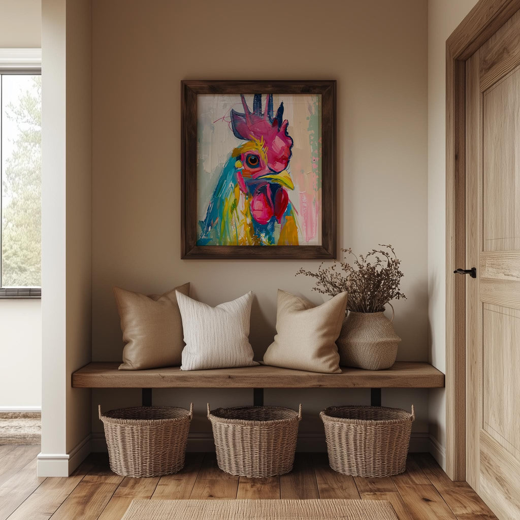 Whimsical Rooster animal art print shown in a room setting