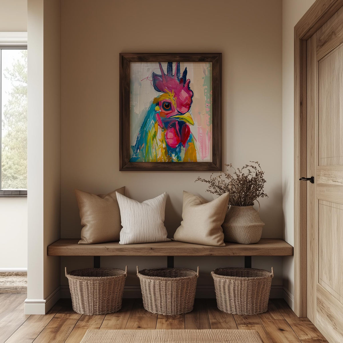 Whimsical Rooster animal art print shown in a room setting