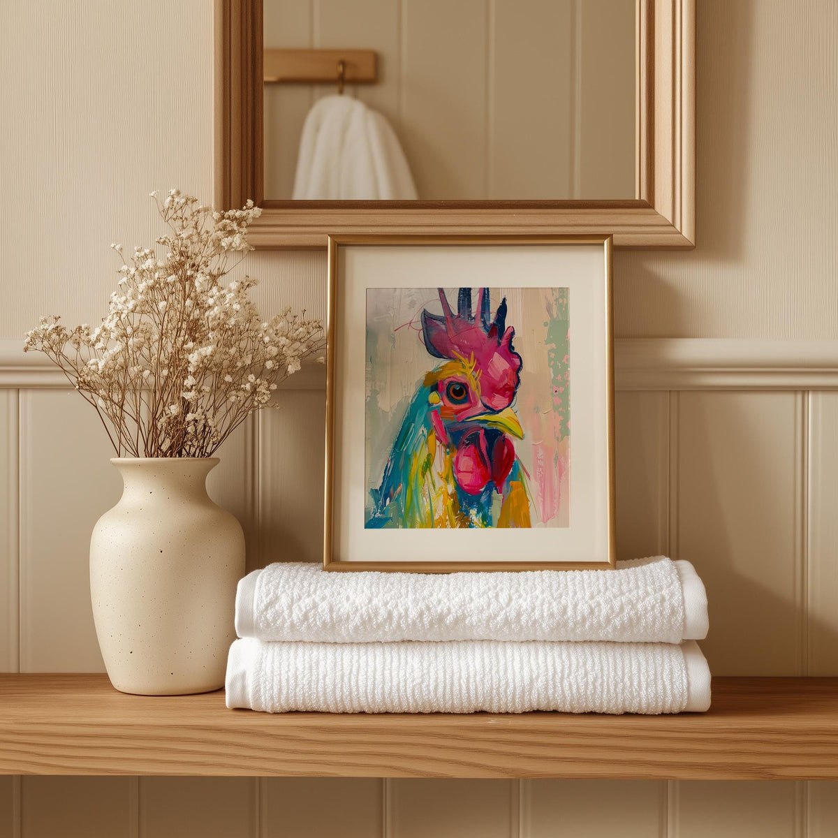 Whimsical Rooster animal art print shown in a room setting