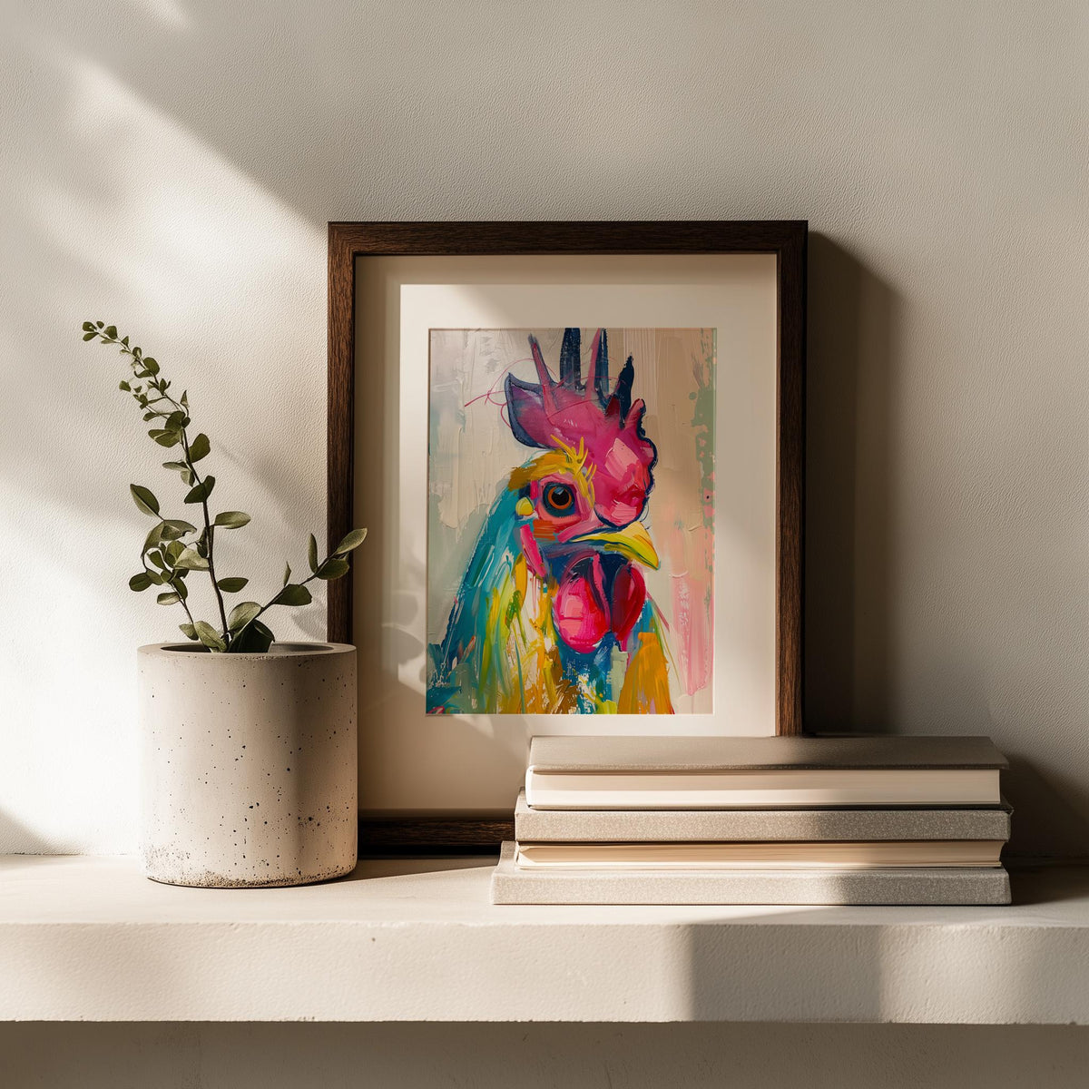 Whimsical Rooster animal art print shown in a room setting