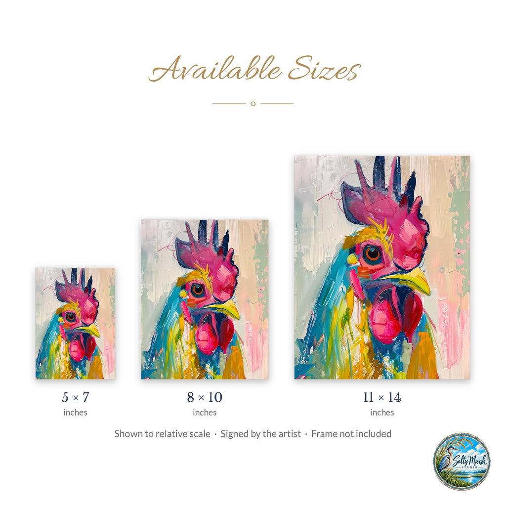 Whimsical Rooster art print size guide: 5x7, 8x10 and 11x14