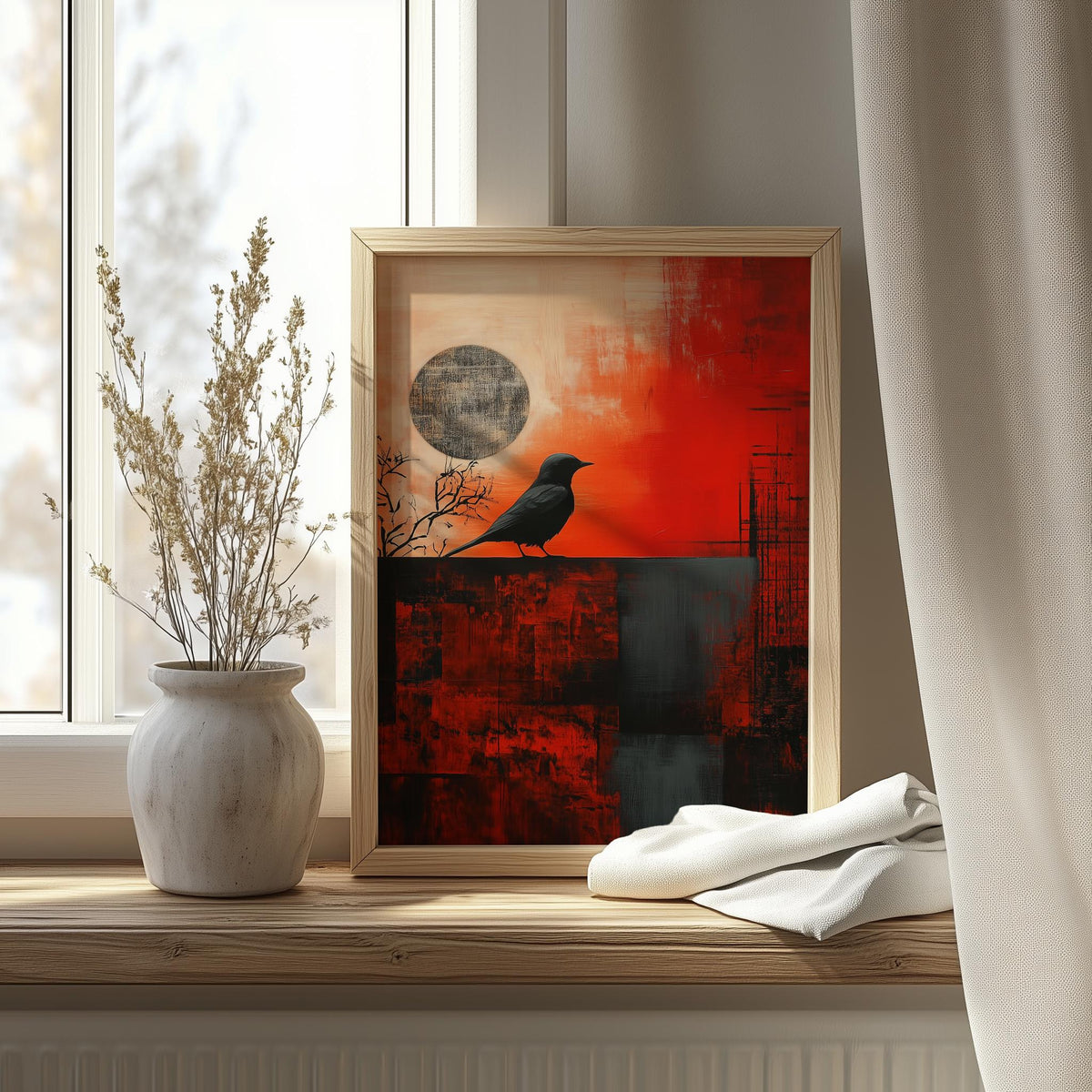 Crow Moon animal art print shown in a room setting