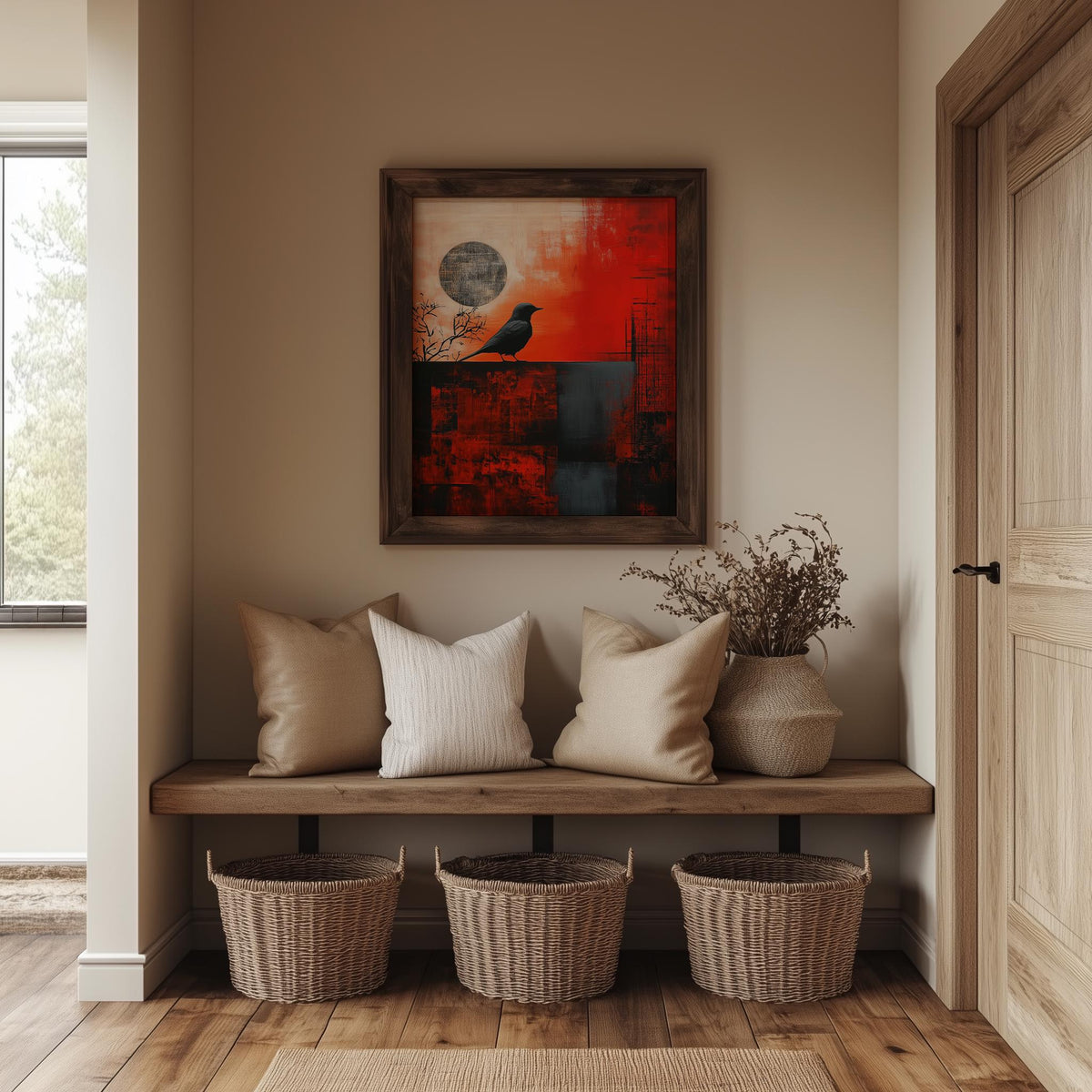 Crow Moon animal art print shown in a room setting