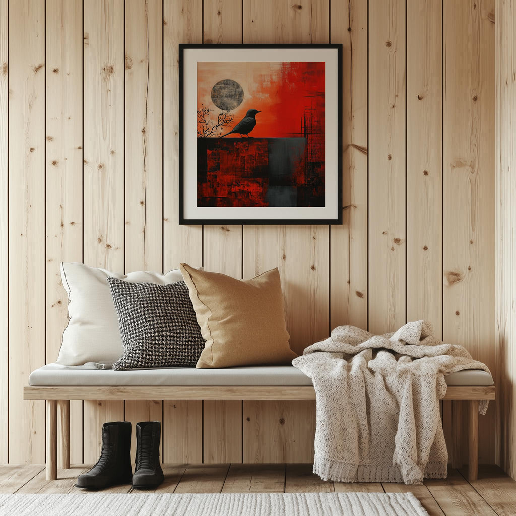 Crow Moon animal art print shown in a room setting