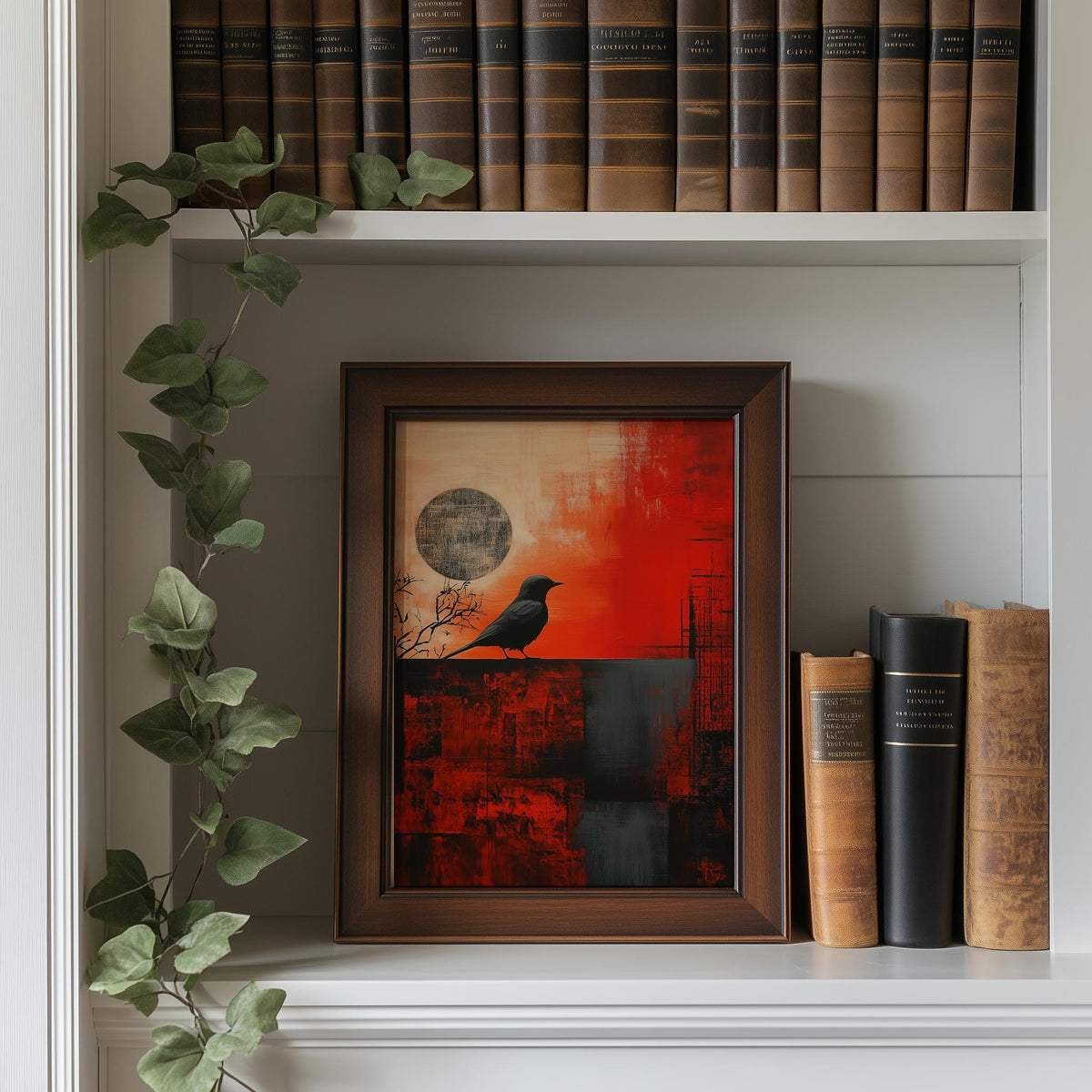 Crow Moon animal art print shown in a room setting