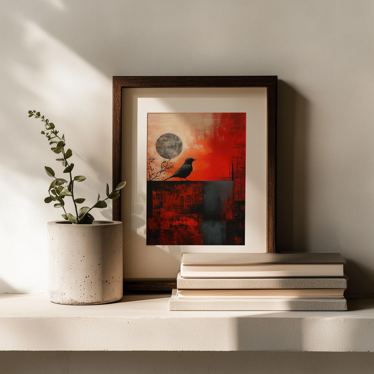 Crow Moon animal art print shown in a room setting