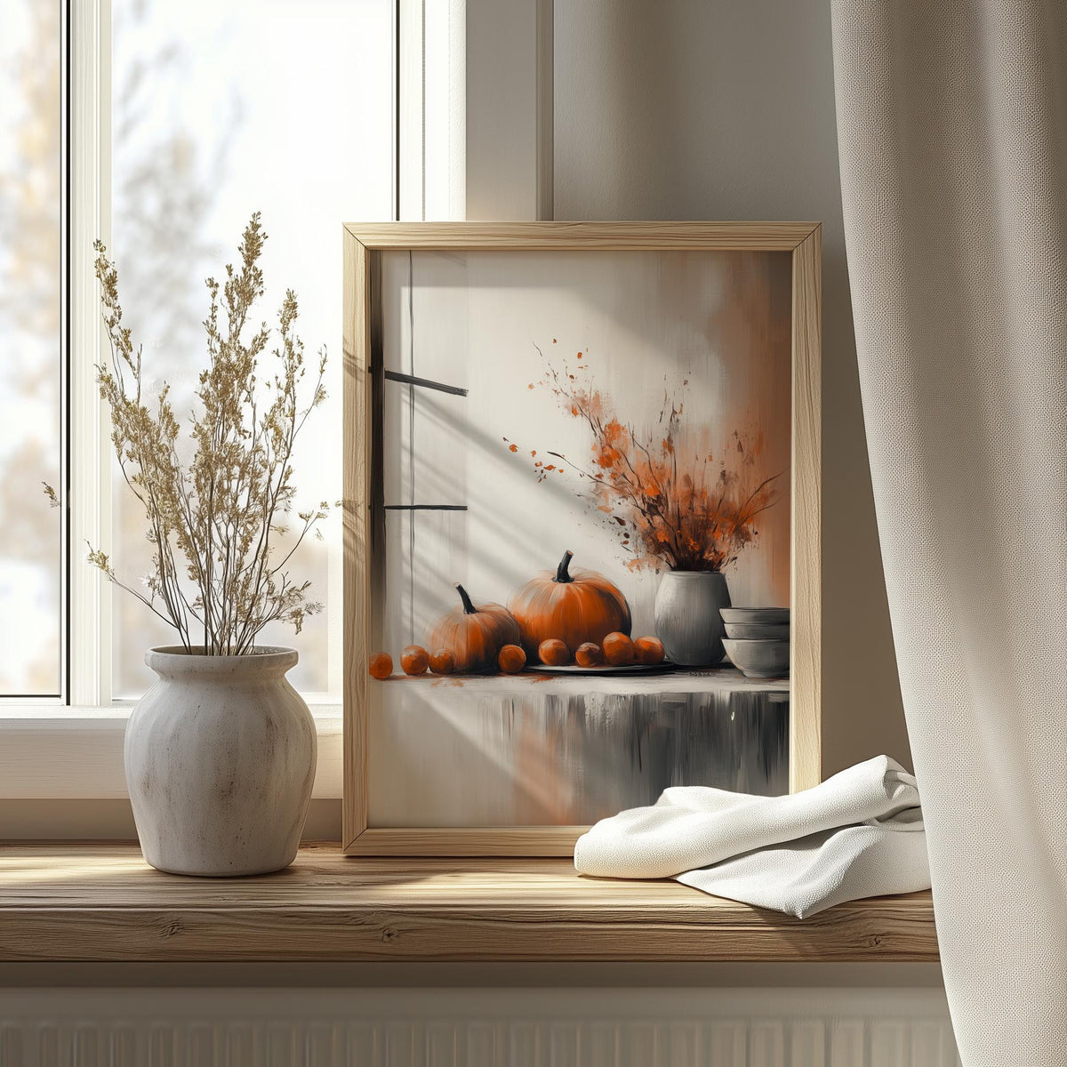 Minimal Pumpkin Still Life fall art print shown in a room setting