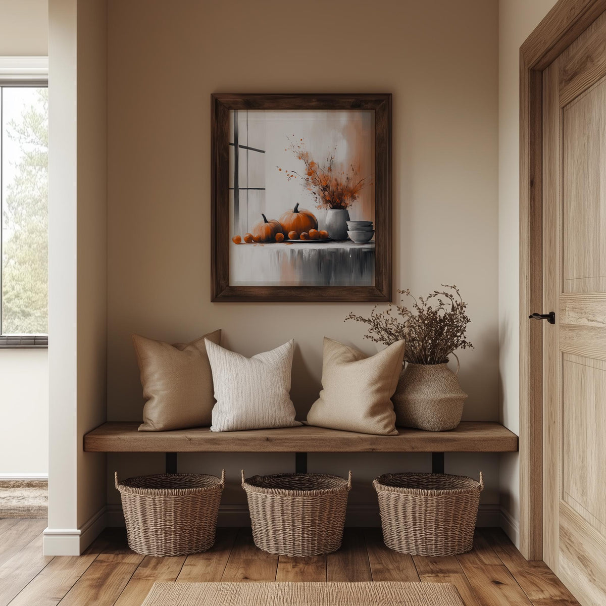 Minimal Pumpkin Still Life fall art print shown in a room setting