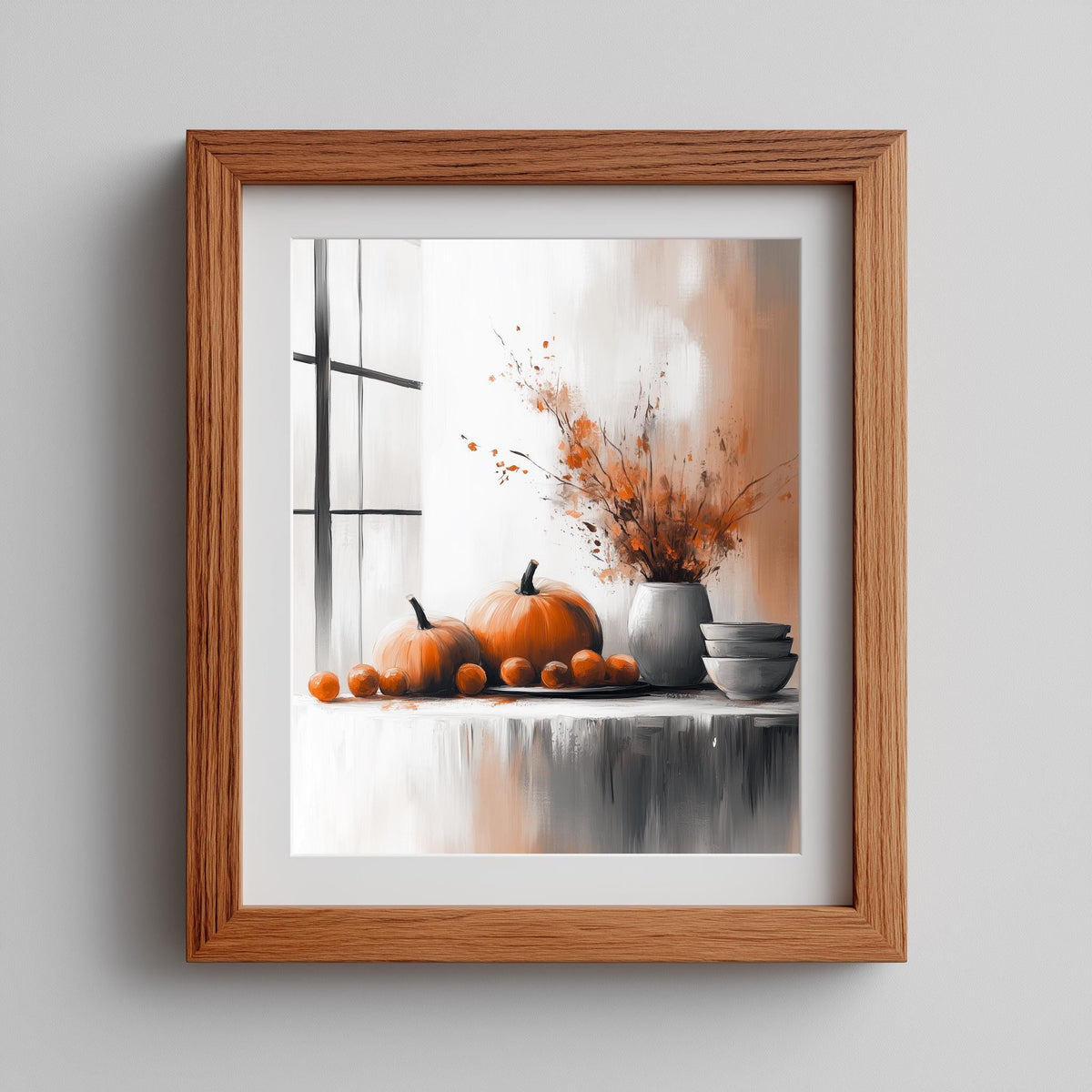 Minimal Pumpkin Still Life fall art print shown in a room setting