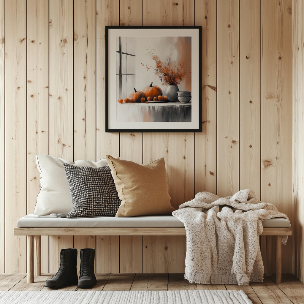 Minimal Pumpkin Still Life fall art print shown in a room setting