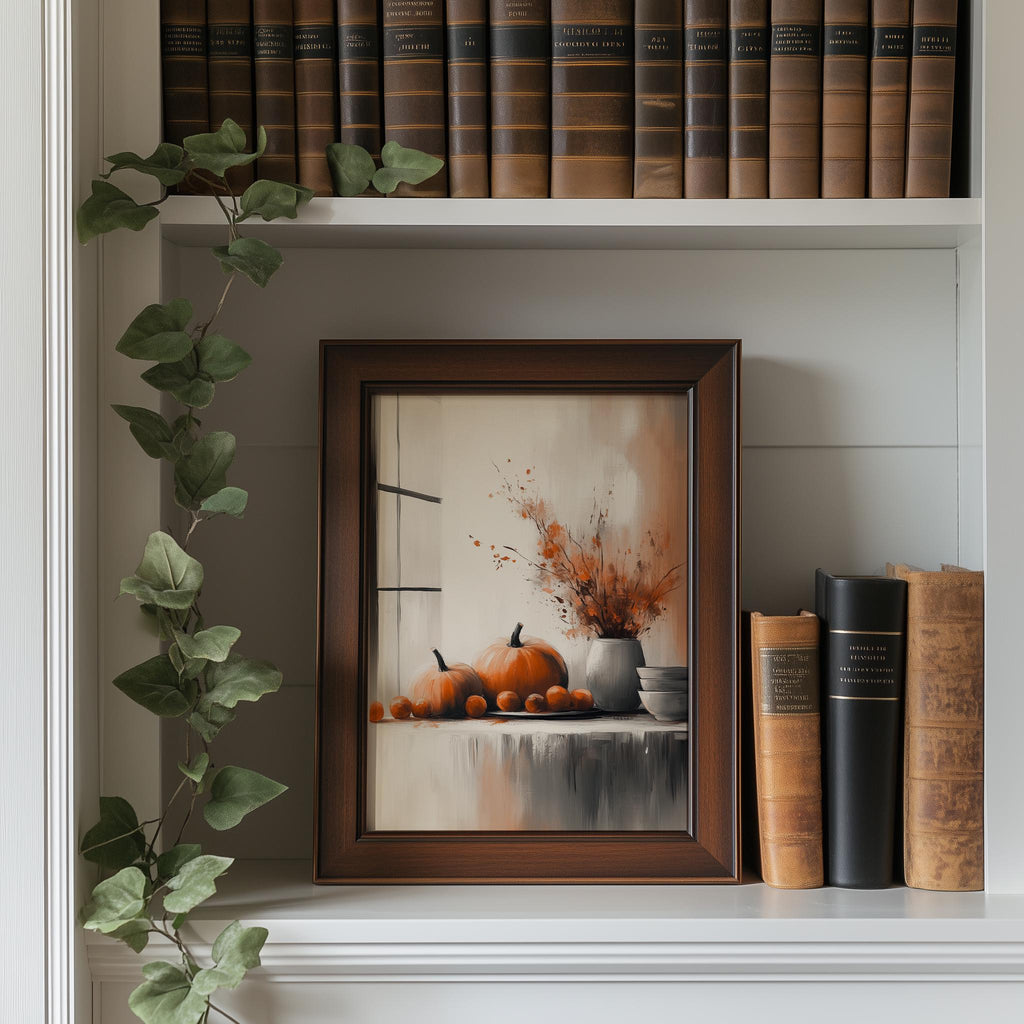 Minimal Pumpkin Still Life fall art print shown in a room setting