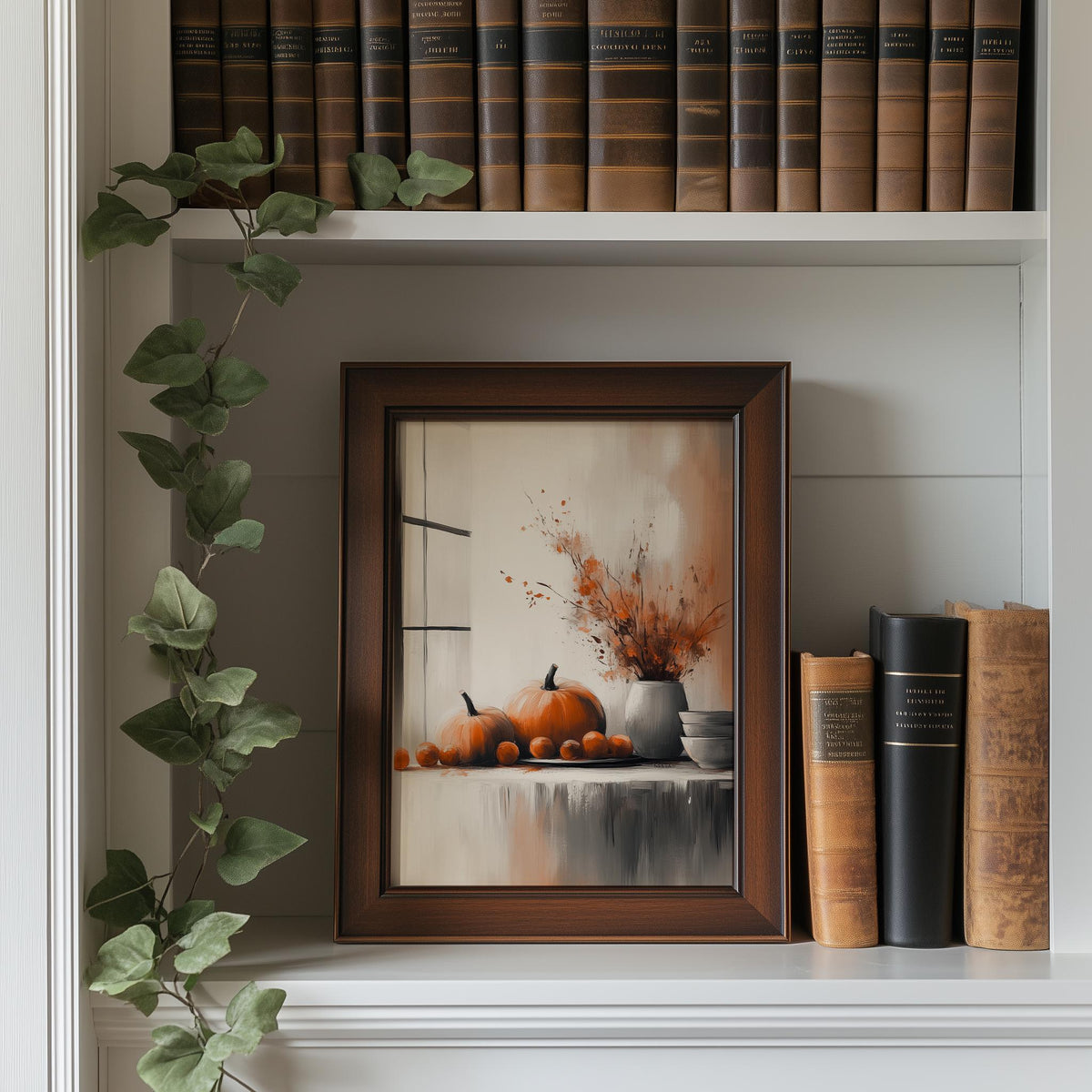 Minimal Pumpkin Still Life fall art print shown in a room setting