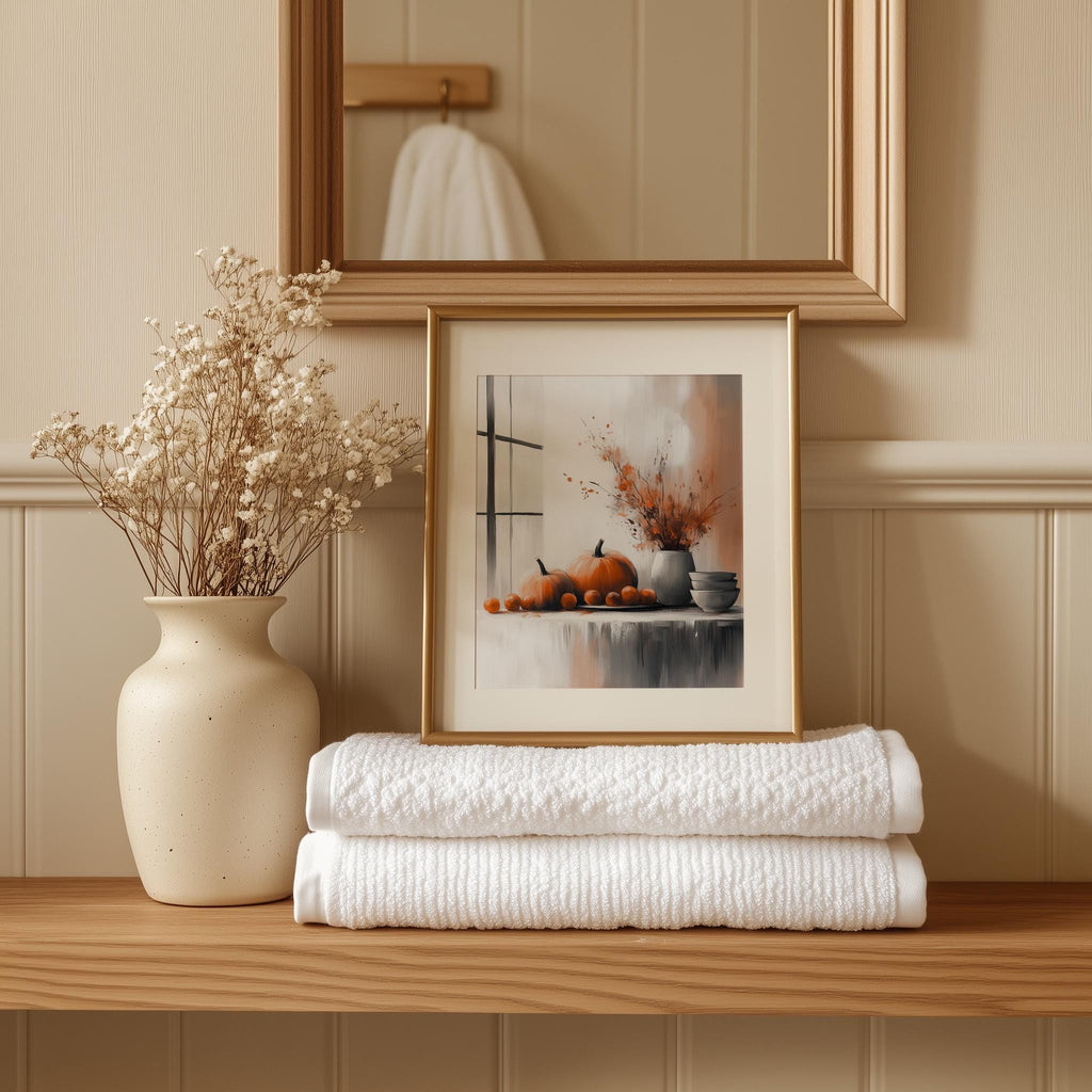 Minimal Pumpkin Still Life fall art print shown in a room setting