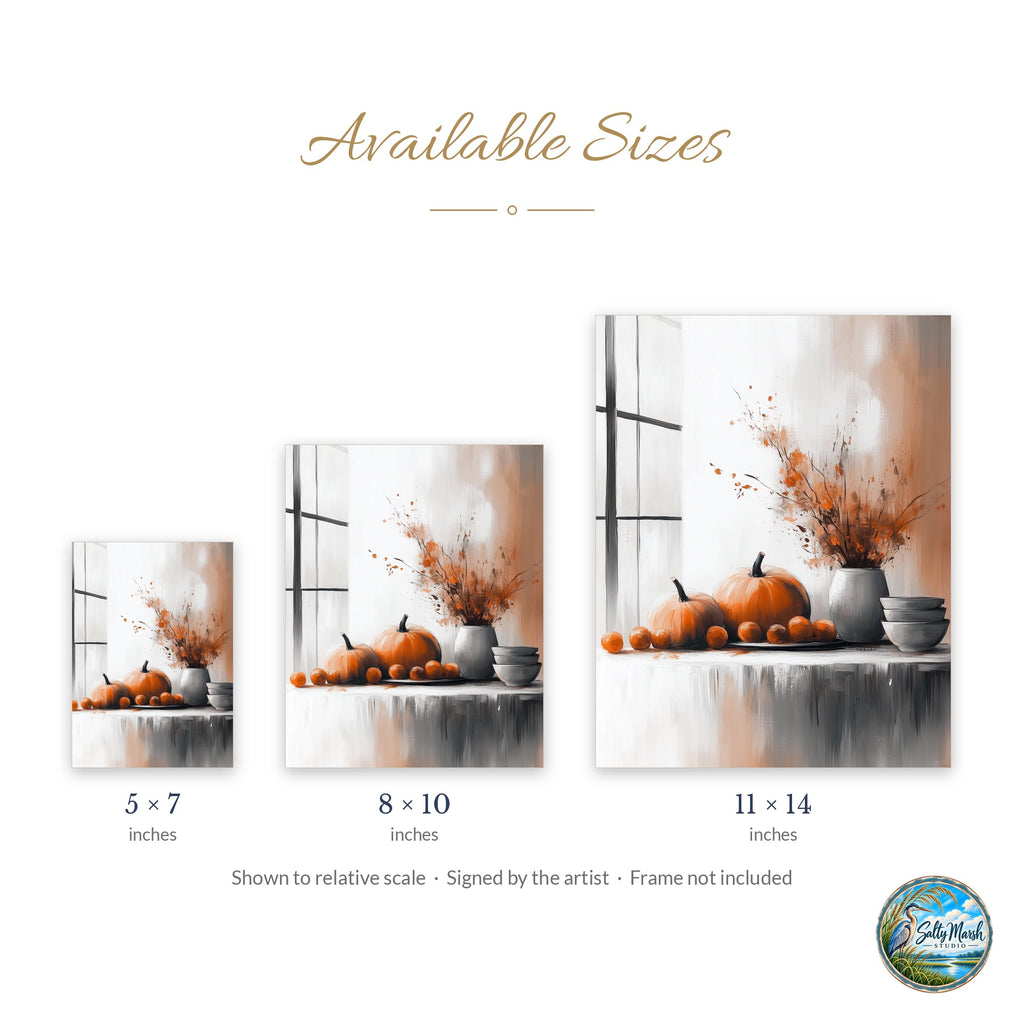 Minimal Pumpkin Still Life art print size guide: 5x7, 8x10 and 11x14