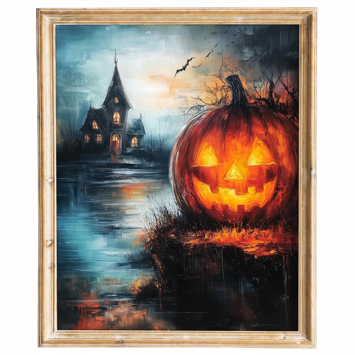 Lakeside Haunted Pumpkin Halloween art print framed