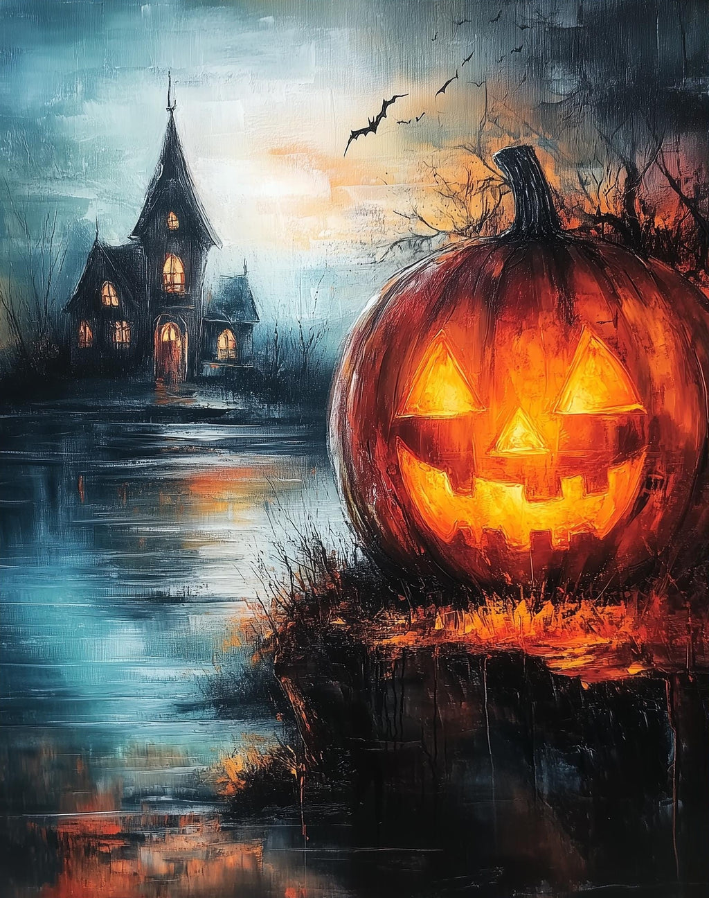 Lakeside Haunted Pumpkin Halloween art print unframed, signed by Pattie Overcash