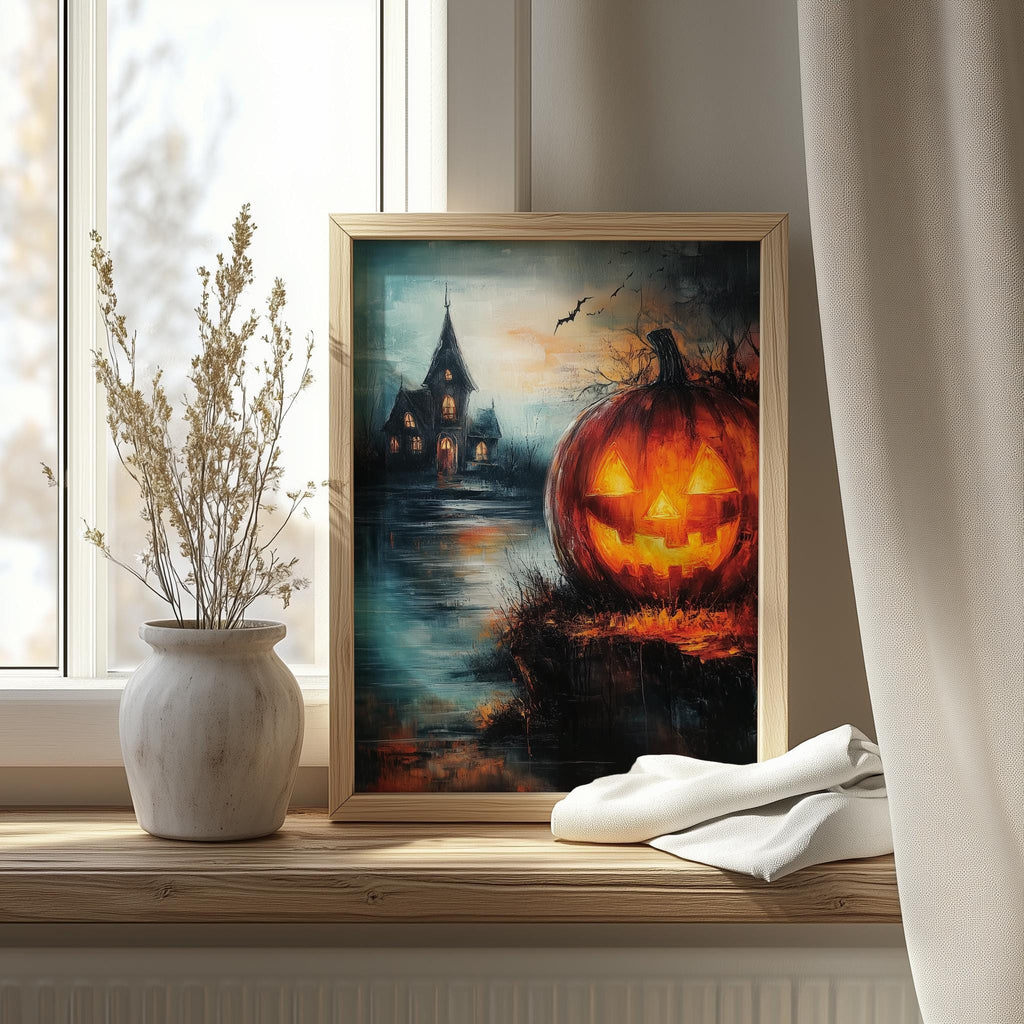 Lakeside Haunted Pumpkin Halloween art print shown in a room setting