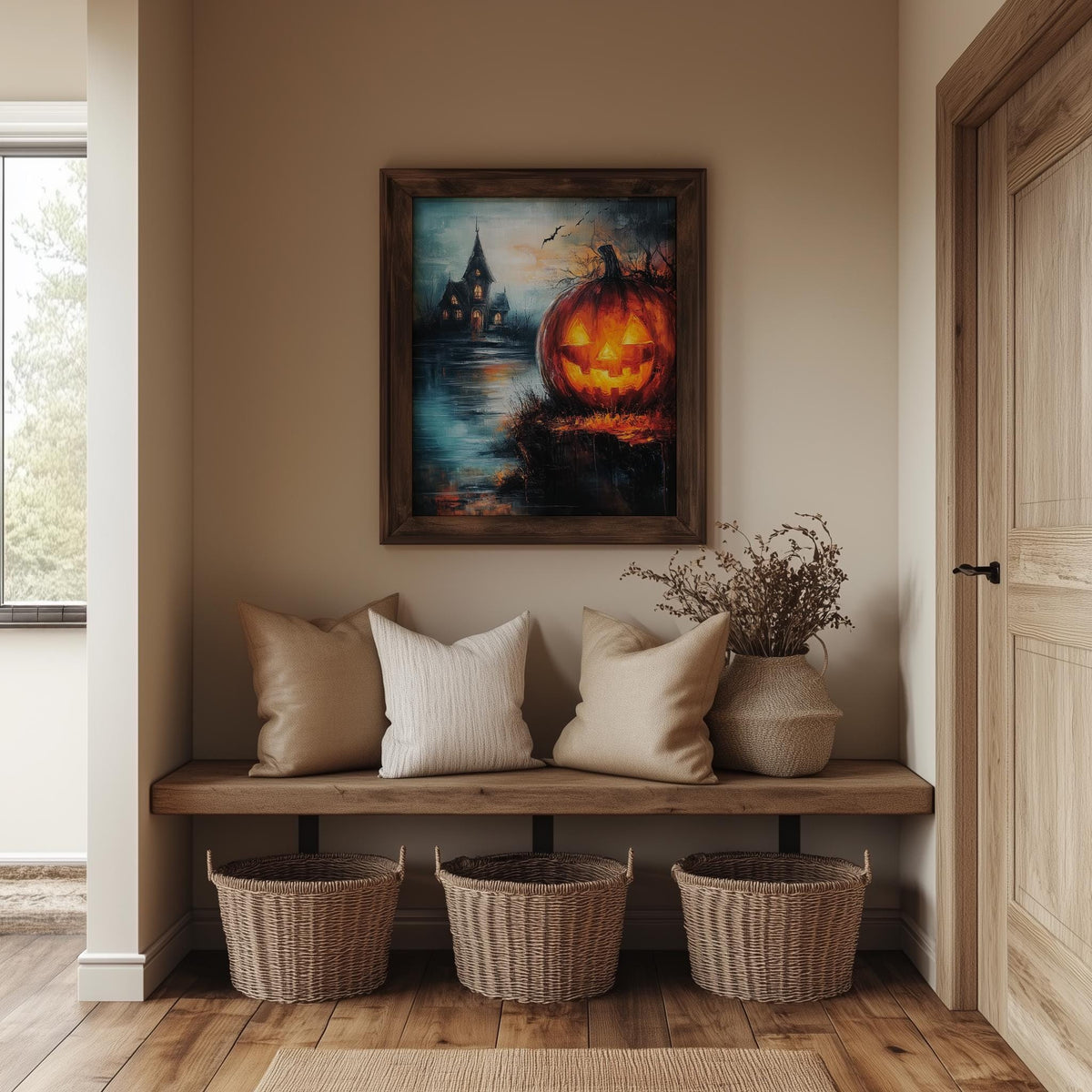 Lakeside Haunted Pumpkin Halloween art print shown in a room setting