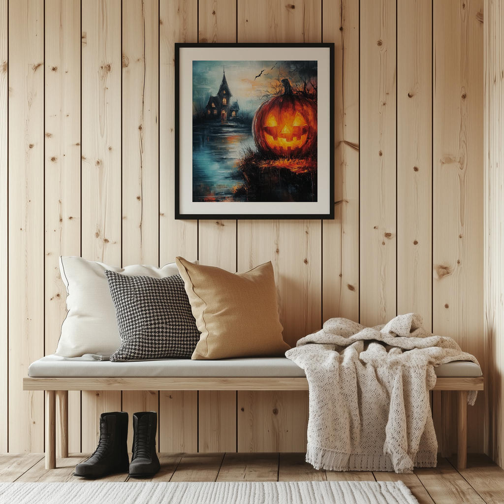 Lakeside Haunted Pumpkin Halloween art print shown in a room setting