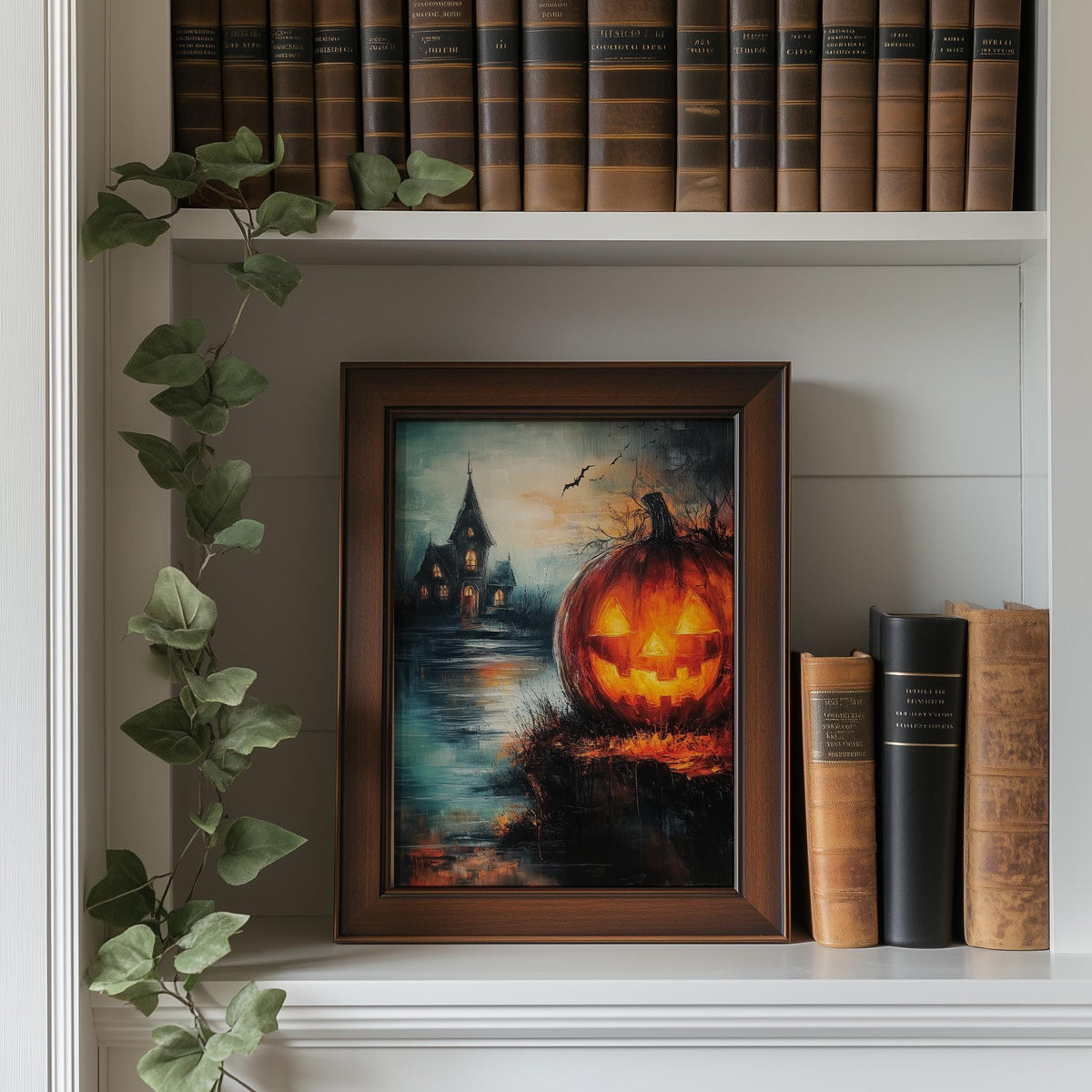Lakeside Haunted Pumpkin Halloween art print shown in a room setting