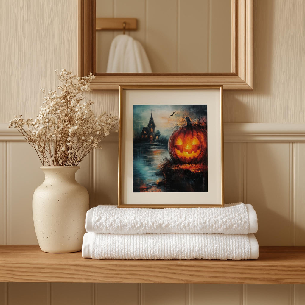 Lakeside Haunted Pumpkin Halloween art print shown in a room setting