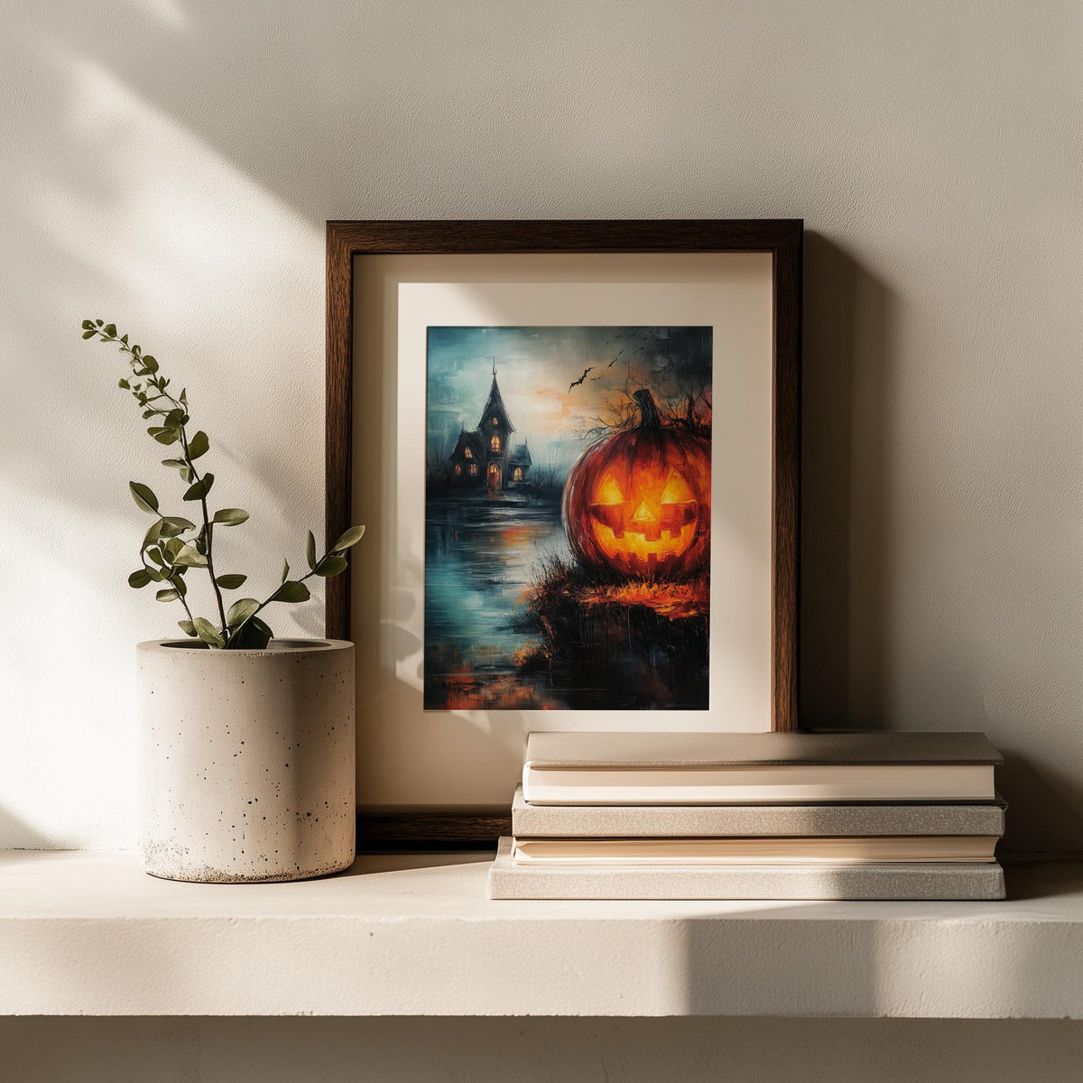 Lakeside Haunted Pumpkin Halloween art print shown in a room setting