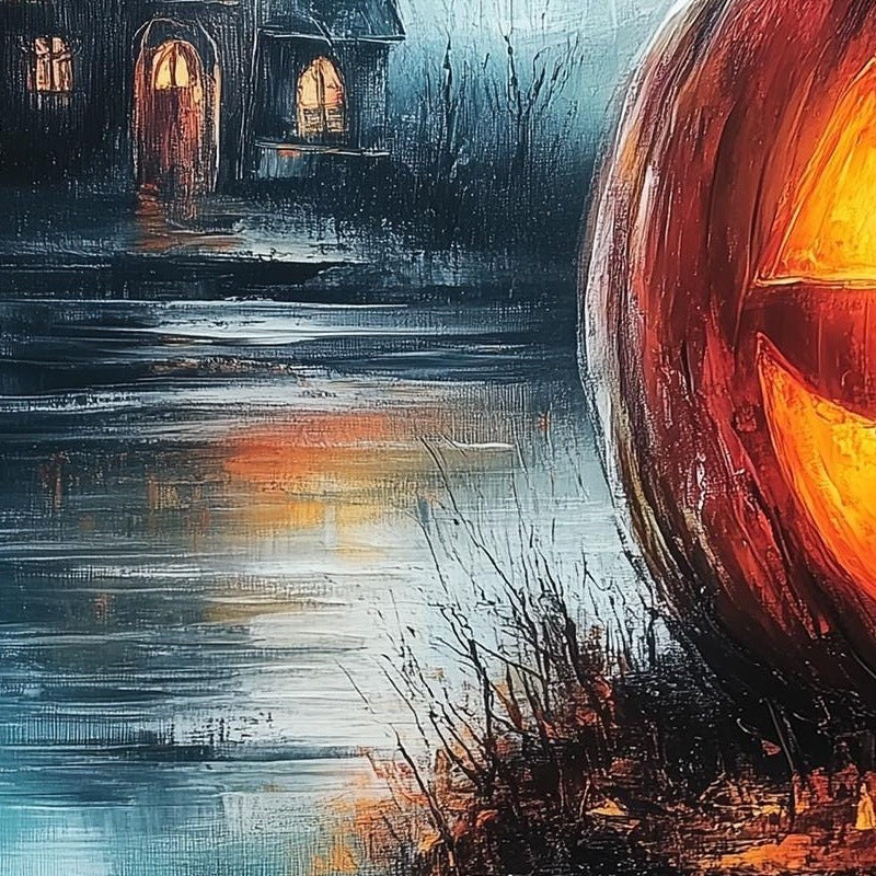 Lakeside Haunted Pumpkin Halloween art print close-up detail