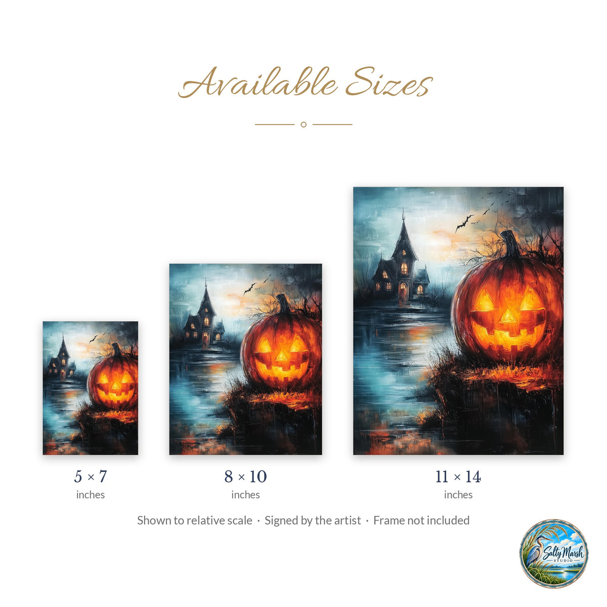 Lakeside Haunted Pumpkin art print size guide: 5x7, 8x10 and 11x14